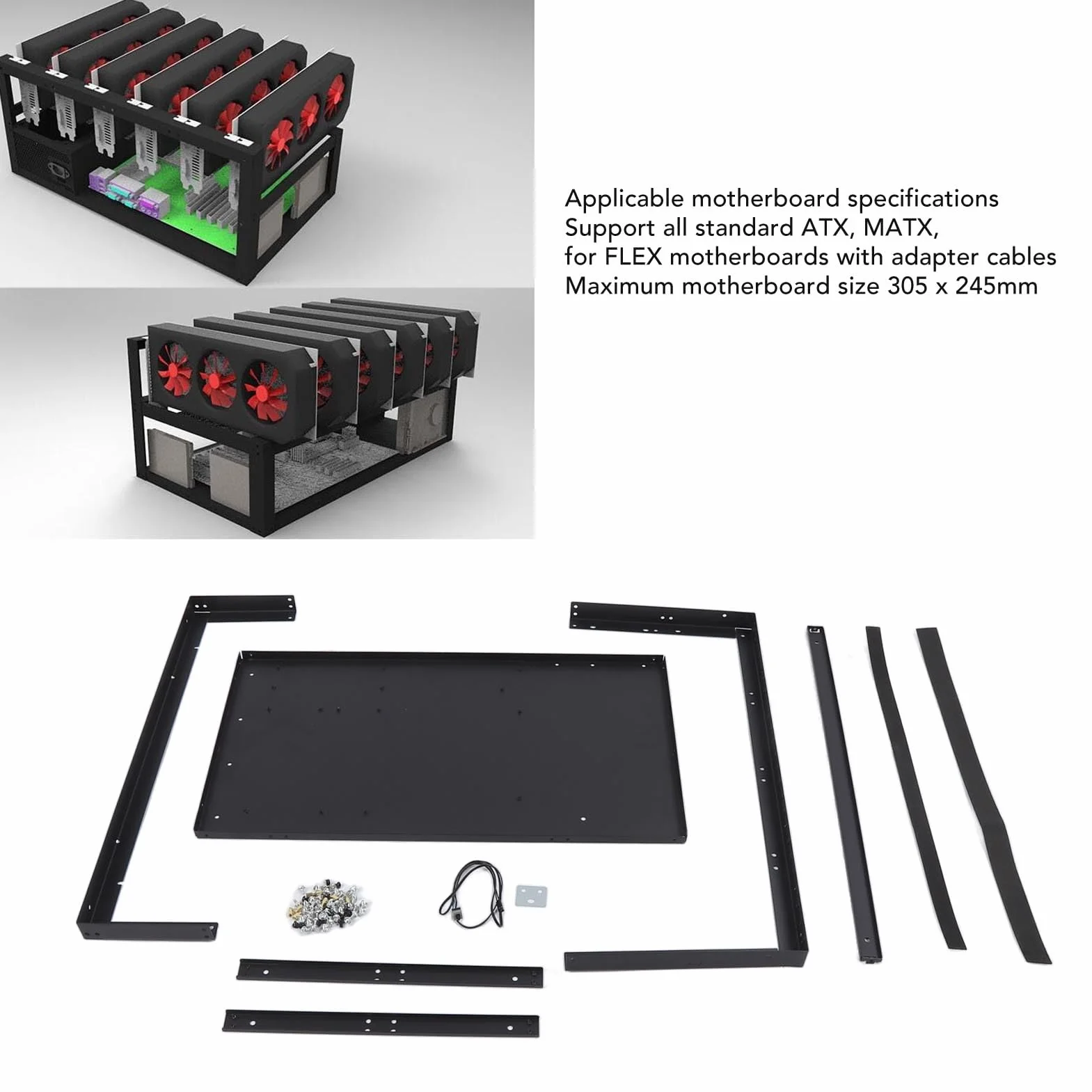 Luocute Komputer Otwarty Stojak na obudowę, Obsługuje 8 Kart Graficznych GPU dla Płyty Głównej ATX MATX Flex, z Kablami Adapterowymi, Systemem Chłodzenia, Wieloma Gniazdami Wentylatora,