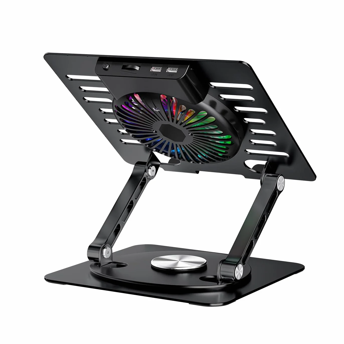 CoolAir przenośny stojak z cichym wentylatorem RGB 11 cm, podstawa z regulacją wysokości i obrotu o 360°, przenośna lodówka z regulowaną prędkością, tablety/notebooki do 17,3", aluminium, czarny