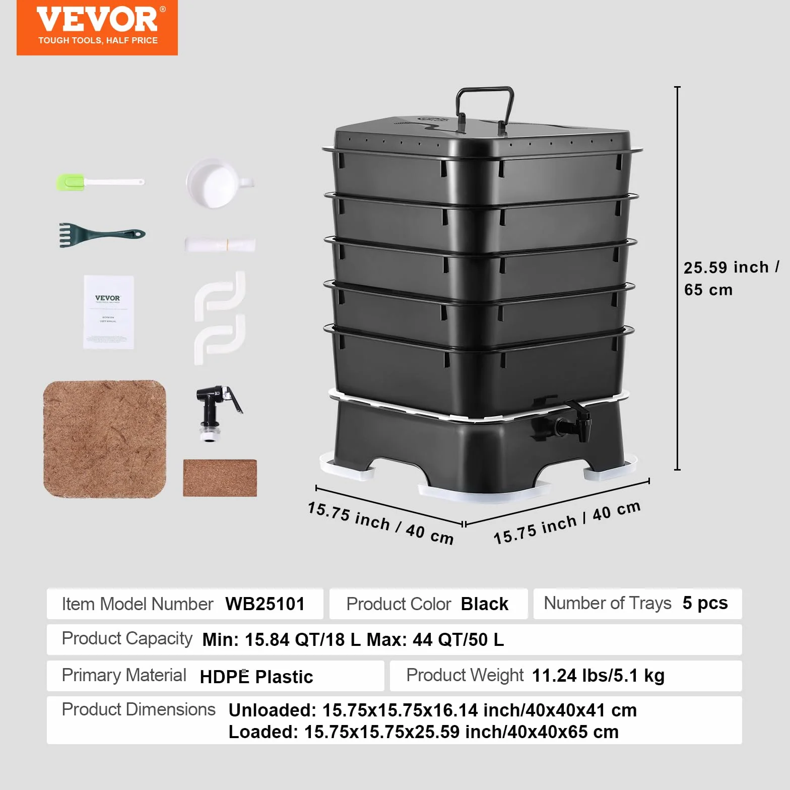 VEVOR 5-tacowy kompostownik na robaki 50 l pojemnik na kompost