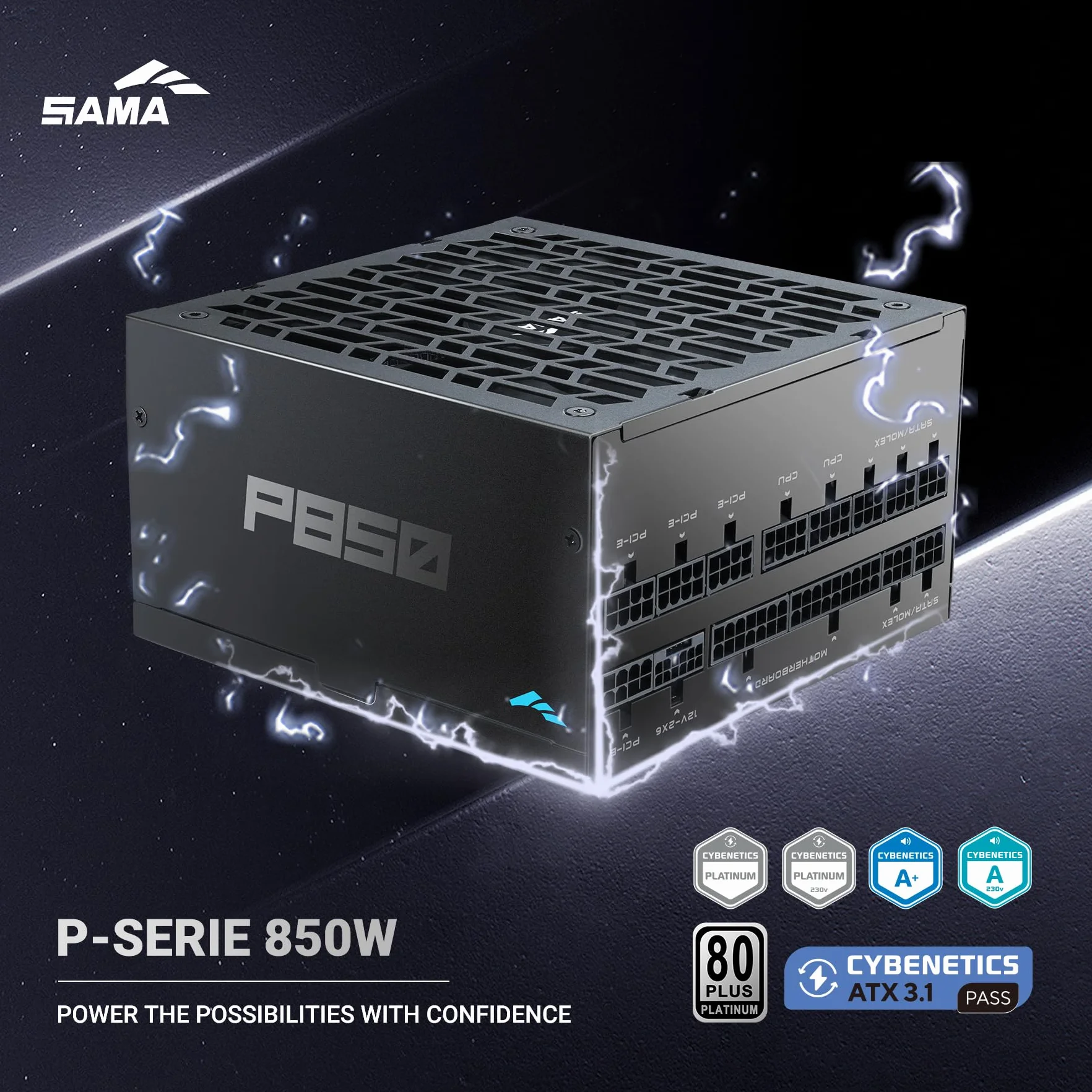 Zasilacz SAMA P850 850W Platinum, ATX 3.1, w pełni modularny, czarny | PCIe 5.1, certyfikat 80 Plus Platinum i Cybenetics, japońskie kondensatory, ultra-cichy wentylator 140 mm FDB