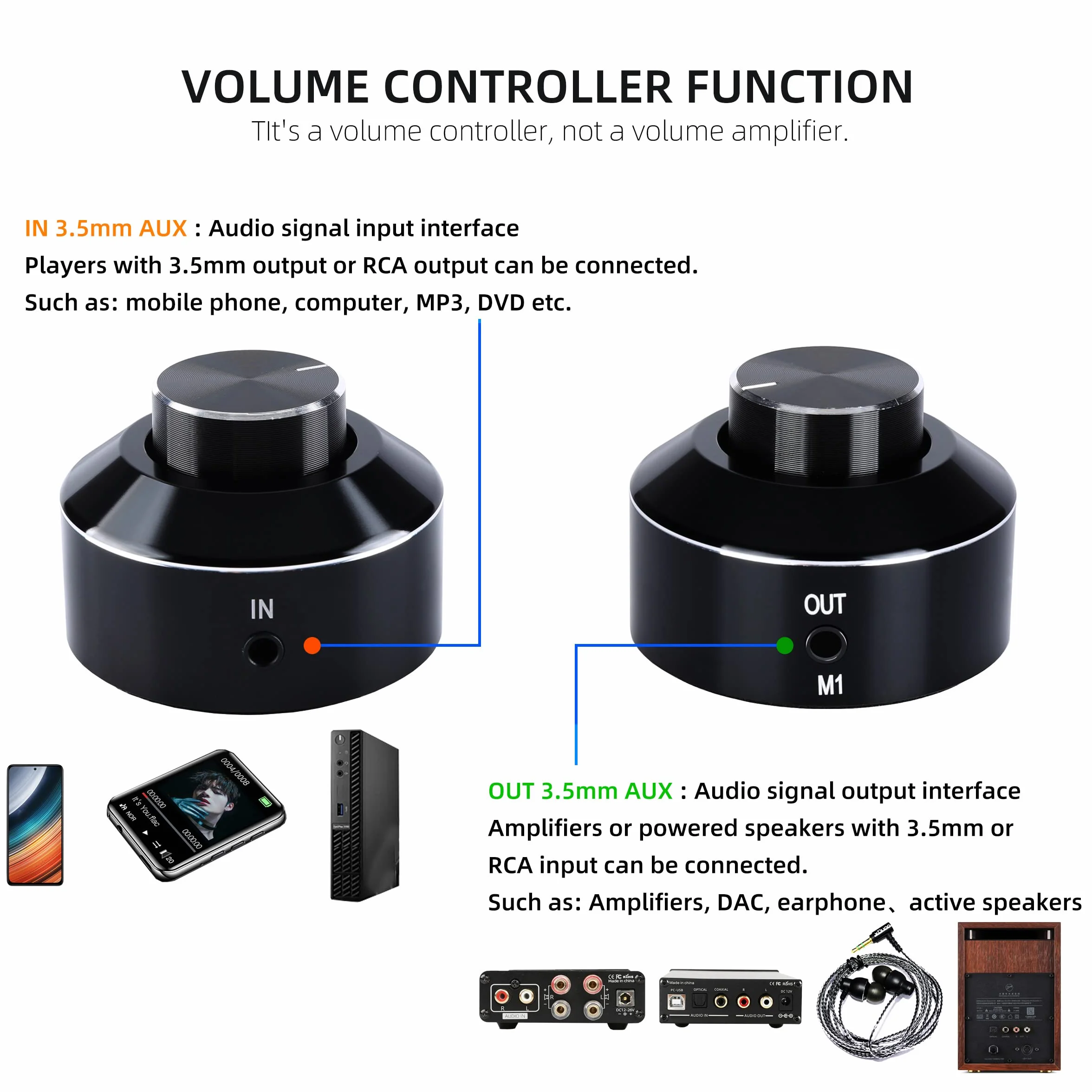 Mini regulator głośności 3,5 mm HiFi wzmacniacz przełącznik pokrętło regulacji głośności audio PC telefon głośnik