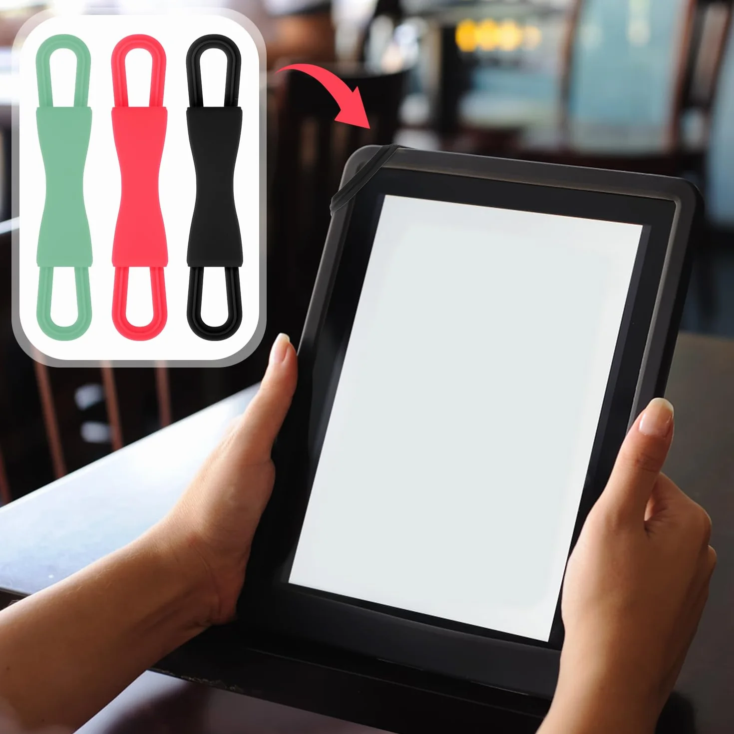 Lyreh 3 Szt. Uchwyt na Pasek na Rękę do Kindle, Wygodny Elastyczny Pasek Czytania Tabletach Akcesoria Czytania w Łóżku Pasuje do Urządzeń o Przekątnej 10,16-20,32 cm (Czarny, Czerwony, Zielony)
