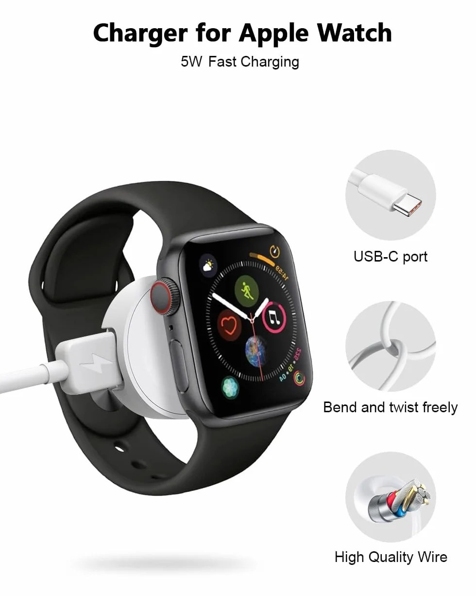 Ładowarka magnetyczna bezprzewodowa Apple Watch USB C 5 W szybkie ładowanie iWatch Series Ultra 3/11/10/9/8/7/6/SE3/SE2/5/4/3/2 biała z kablem