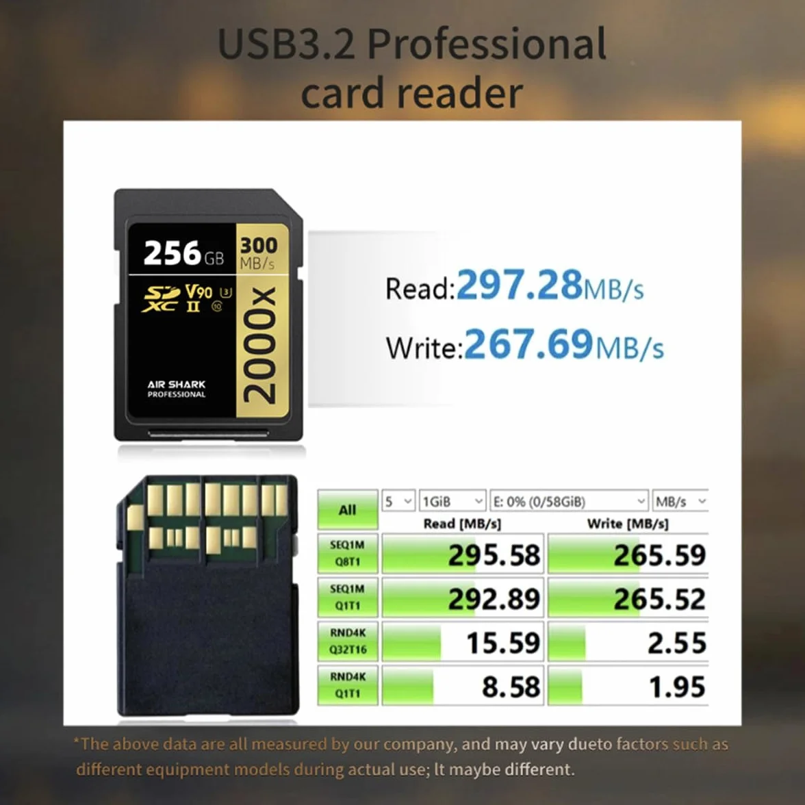 Air Shark profesjonalna karta pamięci SD V90, 128 GB, dwurzędowy złoty palec UHS-II, prędkość 300 MB/s, poziom 10