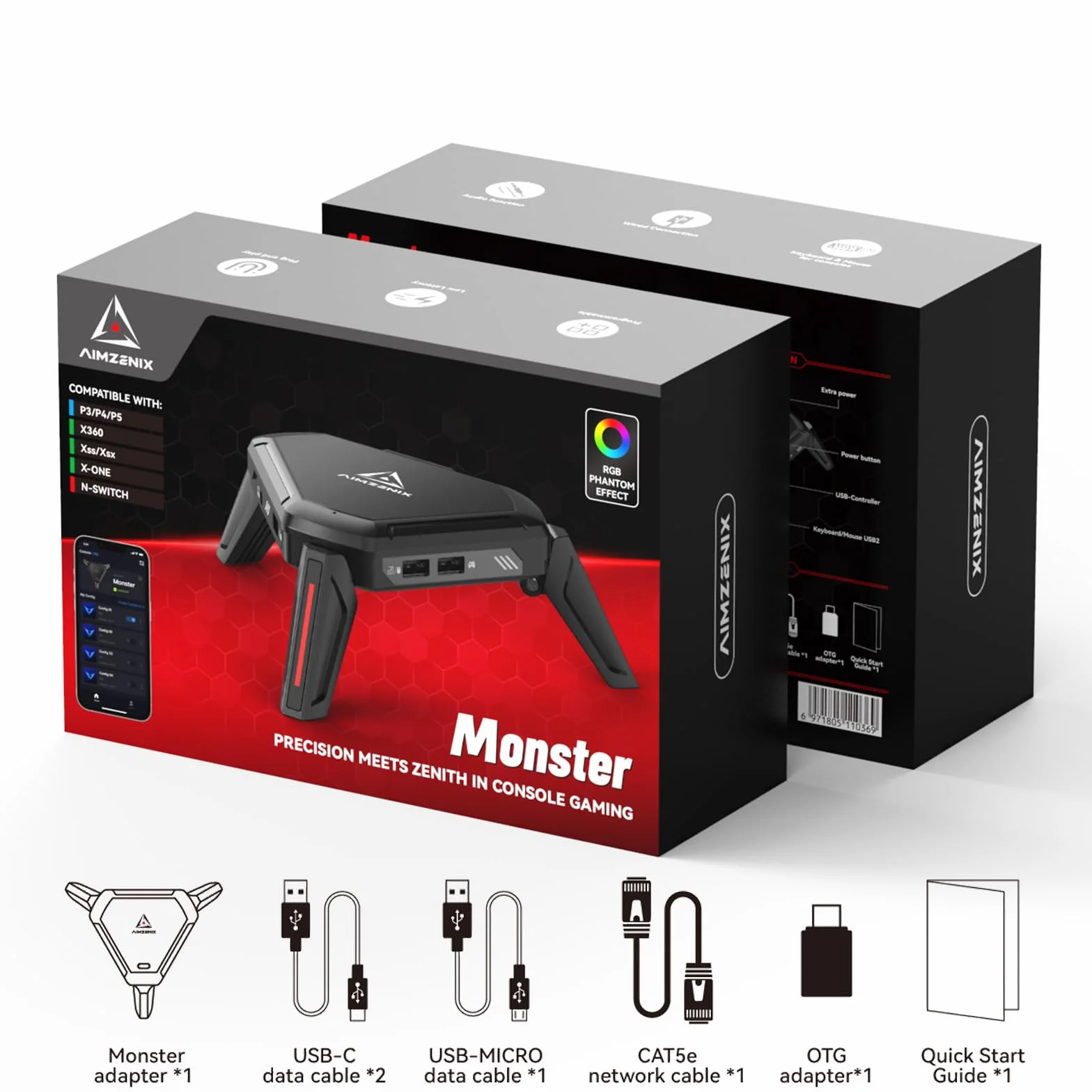 AIMZENIX Monster - Adapter emulatora do PS5, PS4, PS3, Xbox ONE, Xbox 360, Xbox Series X/S, Nintendo Switch, PC, kontroler gier wideo z portem sieciowym do PS5, z gniazdem audio 3,5 mm