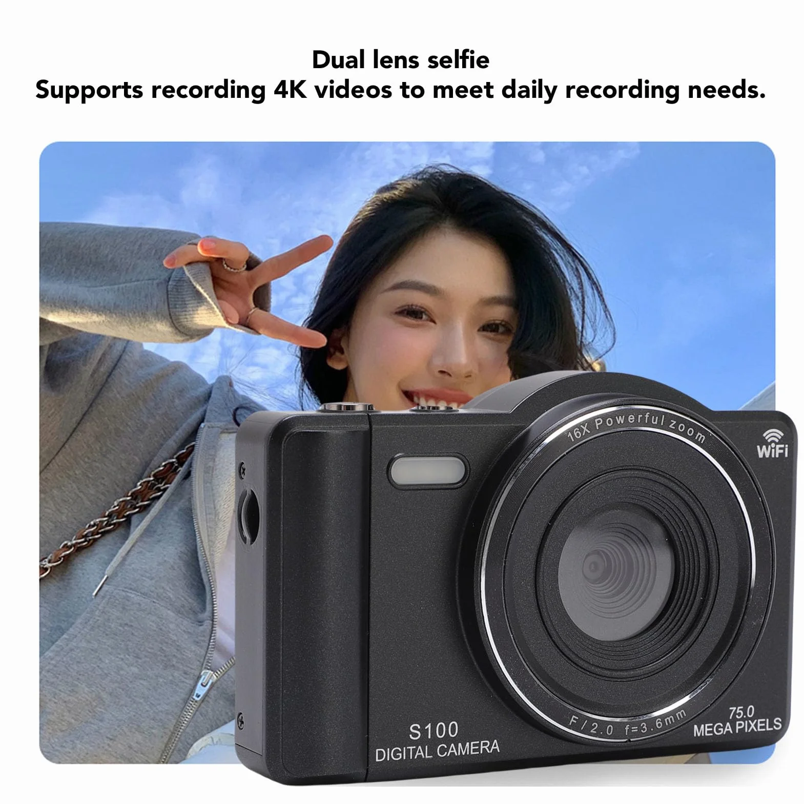 Bewinner Aparat Cyfrowy 4K do Fotografii, Aparat Vlogging 75MP z 2,8 -calowym Ekranem Dotykowym, 16x Cyfrowy Zoom, Kamery Wi -Fi Autofocus z lampą błyskową do Portretu Krajobrazu Podróży (64GB)