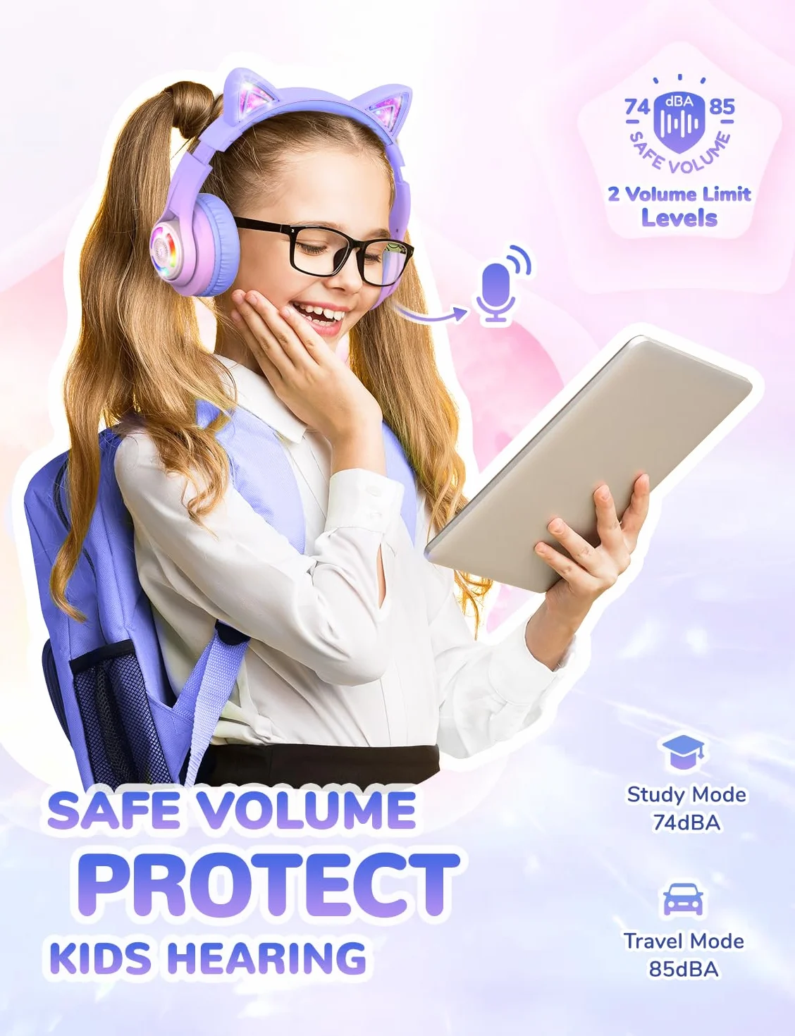 iClever Słuchawki Bluetooth dla dzieci, regulacja głośności 74/85 dBA, 50 godzin odtwarzania, Bluetooth 5.2, słuchawki dziecięce z mikrofonem, do szkoły, tabletu, telefonu komórkowego, komputera