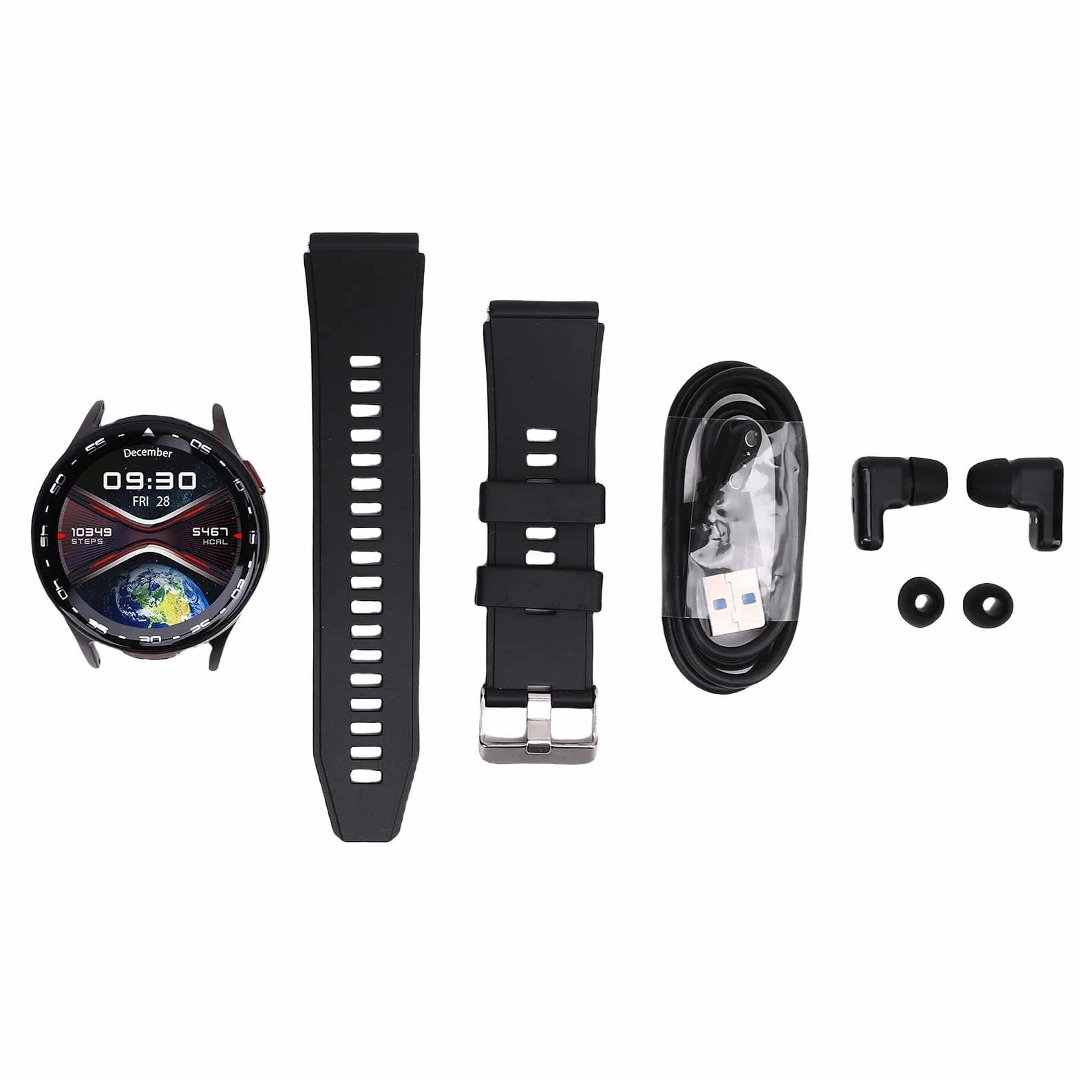 Tbest Inteligentny Zegarek, Wodoodporne AI Redukcja Szumów Słuchawki Sports Fitness 2 w 1 Inteligentny Zegarek dla Mężczyzn Kobiety (BLACK)