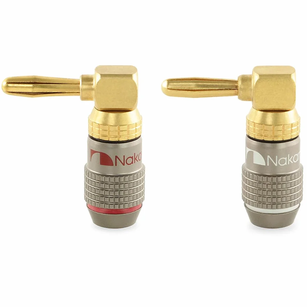 Nakamichi FanLock Wtyk kątowa 90 stopni bananowy platerowany 24-karatowym złotem 10 AWG - 18 AWG Rozmiar miernika 4 mm dla głośników Wzmacniacz Kino domowe Kabel Szybkozłącze, 2 Sztuki (1-Para)