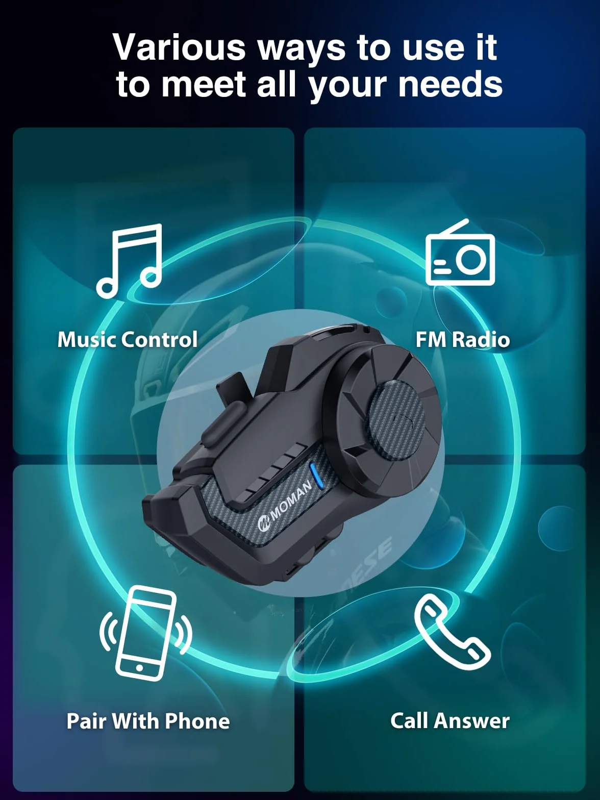 Moman H2 motocyklowy interkomowy zestaw słuchawkowy (2 sztuki, włókno węglowe), kask motocyklowy, interkomowy system komunikacji Bluetooth do 1000 m, z redukcją szumów DSP i CVC