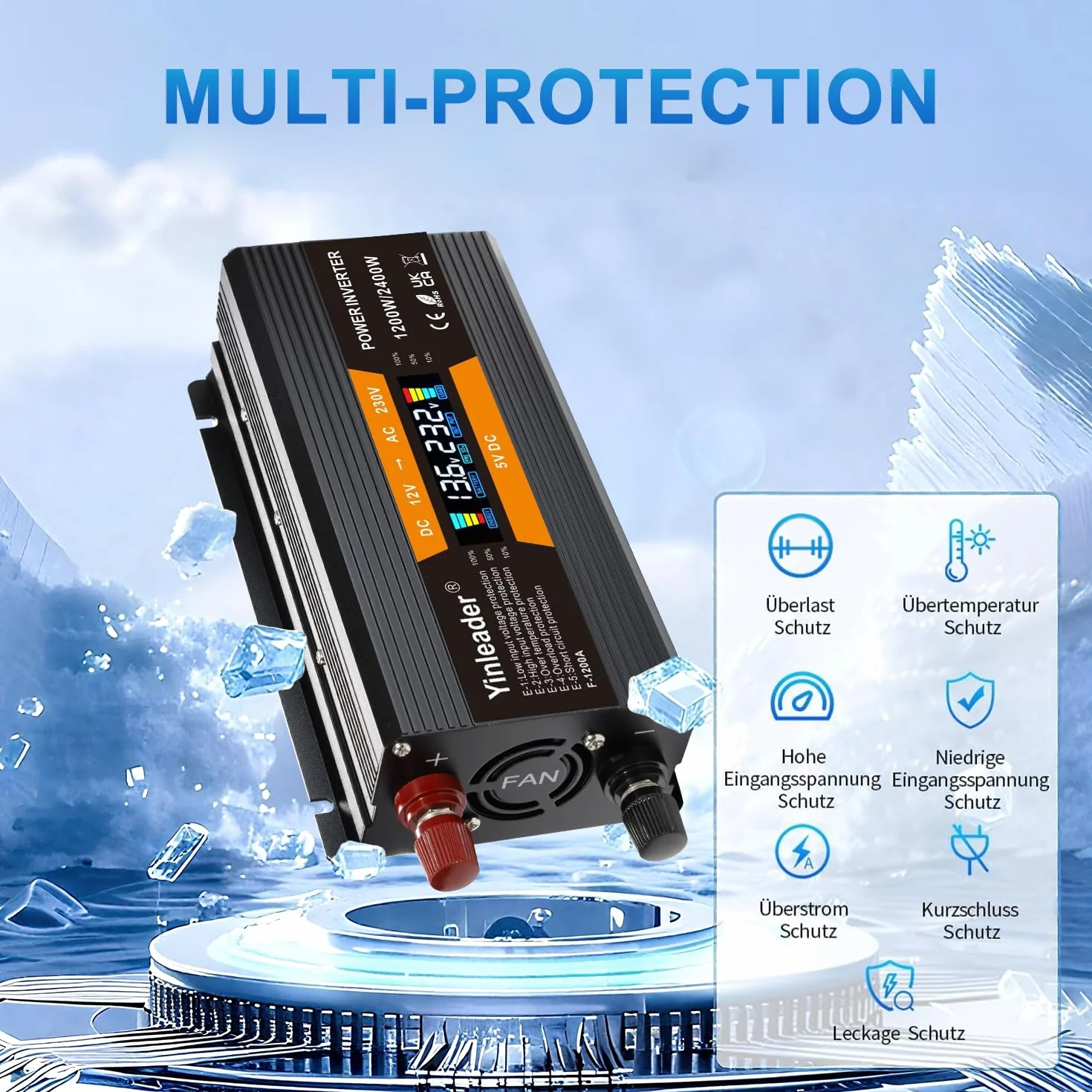 Yinleader Przetwornica napięcia 1200 W/2400 W 12 V 230 V falownik Dual USB Power Inverter z 1 gniazdem i wyświetlaczem LCD, do samochodu, przyczepy kempingowej, łodzi, na kemping, w podróży