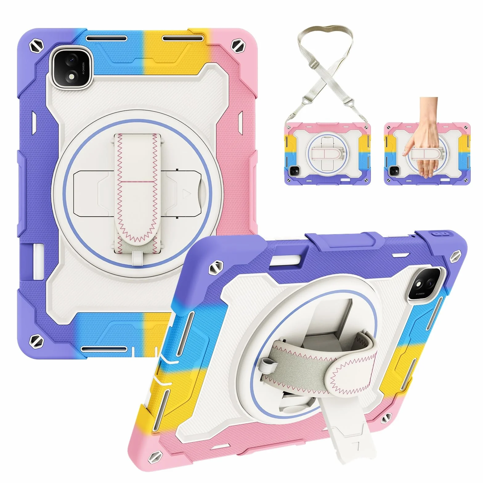 Odporne na wstrząsy etui do Honor Pad GT Pro 31.2 cm / MagicPad 2 31.2 cm, etui dla dzieci, etui z TPU, podpórka, wytrzymały pokrowiec ochronny z paskiem na rękę (różowy)