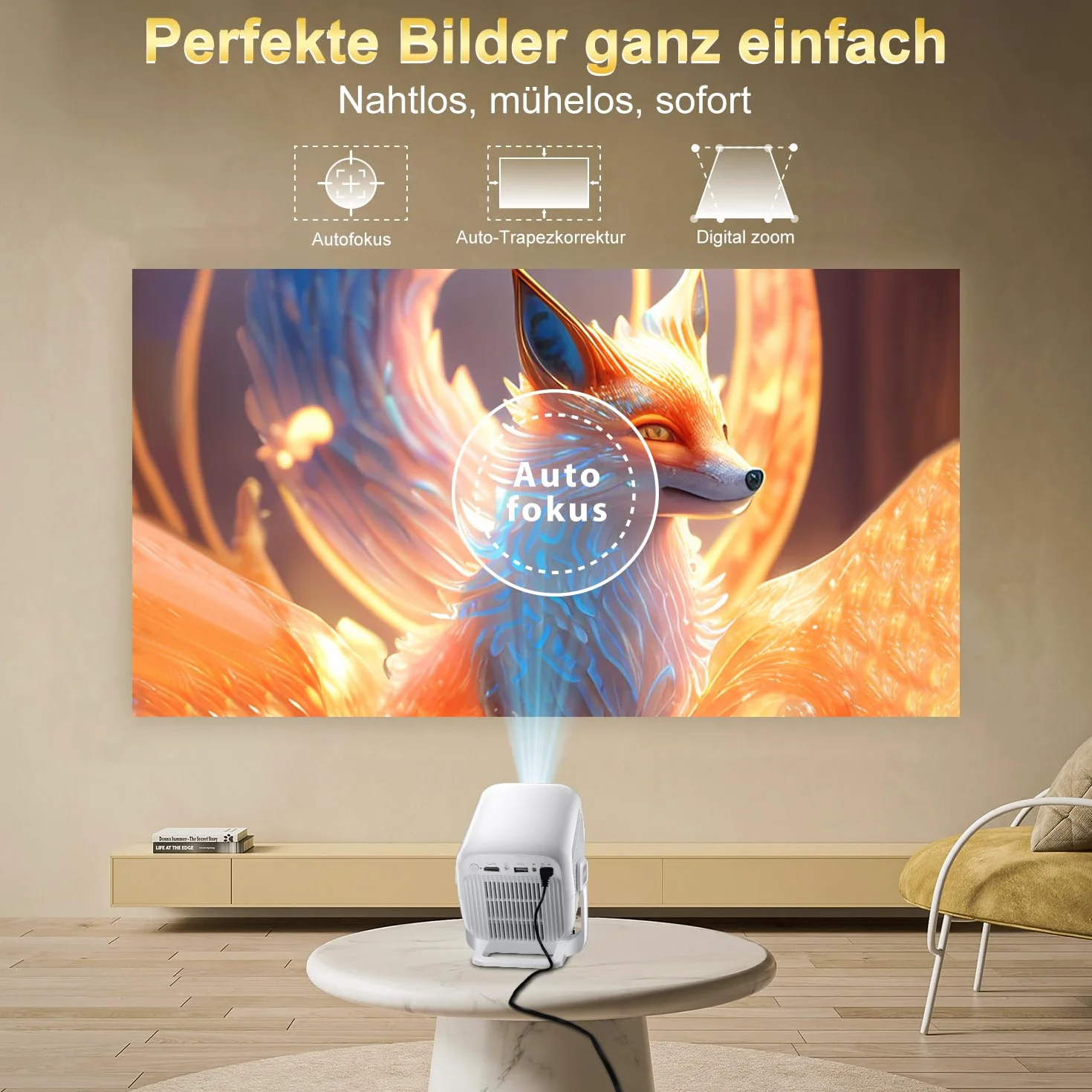 Smart Beamer, 4K FHD 1080p, przenośny projektor wideo, WiFi 6 i BT5.4, autofokus, automatyczny keystone, mini projektor z systemem Android 14.0, kino domowe, regulowana podstawka 180°, biały