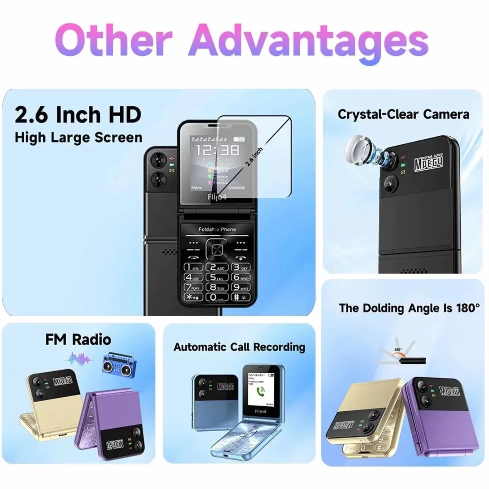 Telefon komórkowy dla seniorów z klapką, konstrukcja z klapką, podwójny ekran, duże przyciski, szybkie wybieranie, czysty dźwięk, kamera HD, latarka LED (niebieska)