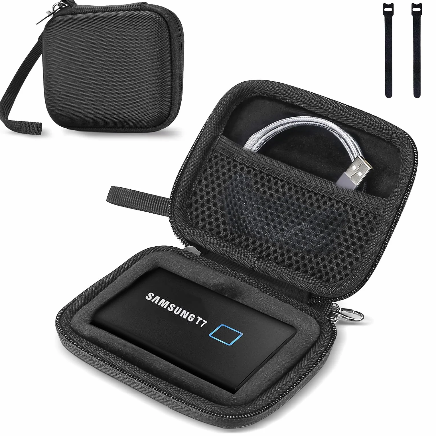 ProCase Samsung T7 Touch przenośna obudowa do dysków SSD i 2 opaski kablowe, twarde EVA odporne na wstrząsy organizer podróżny do T7 500 GB 1 TB 2 TB USB 3.2 Zewnętrzne dyski SSD - czarny