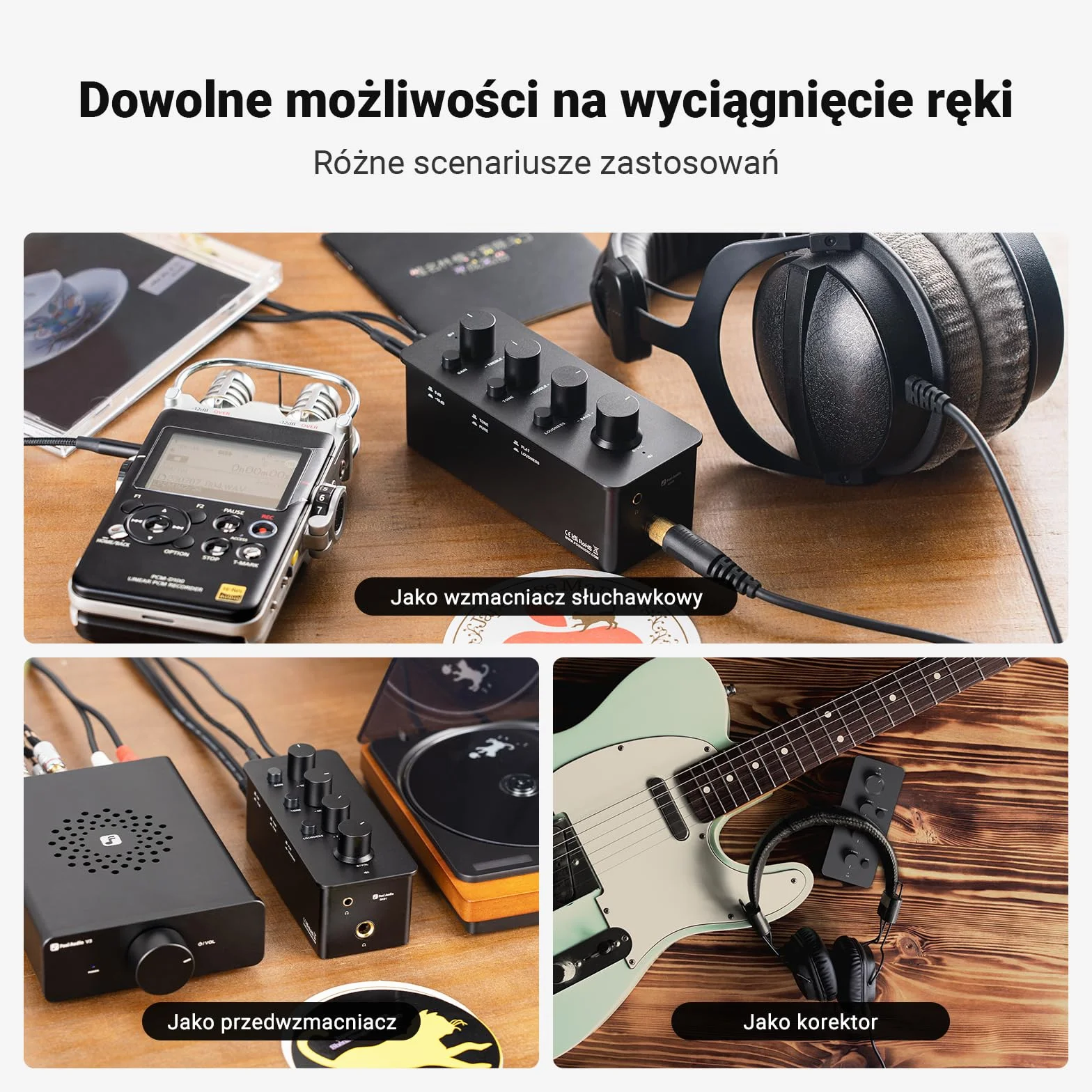 Fosi Audio SK01 Wzmacniacz Słuchawkowy z Korektorem Preamp z Regulacją Tonów Niskich średnich i wysokich oraz kompensacją głośności Analogowy Amp Klasy A do gitary elektrycznej z gniazdami 3,5/6,35mm