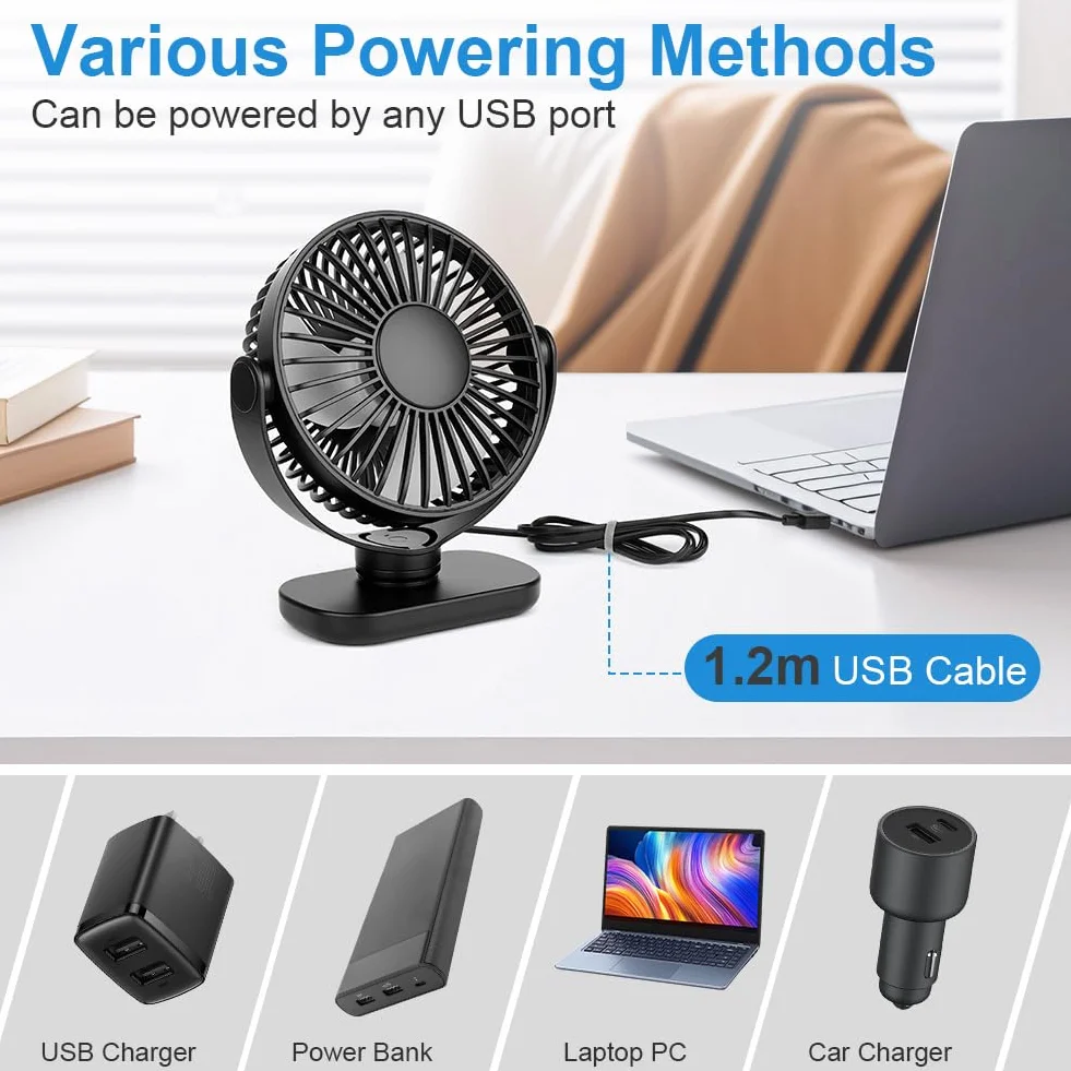 AXFEE Wentylator biurkowy USB, mały chłodzący wentylator stołowy, przenośny, cichy, 3-stopniowy wentylator, obracany o 360°, mocny mini wentylator do biura, sypialni, domu, samochodu (czarny, zasilany