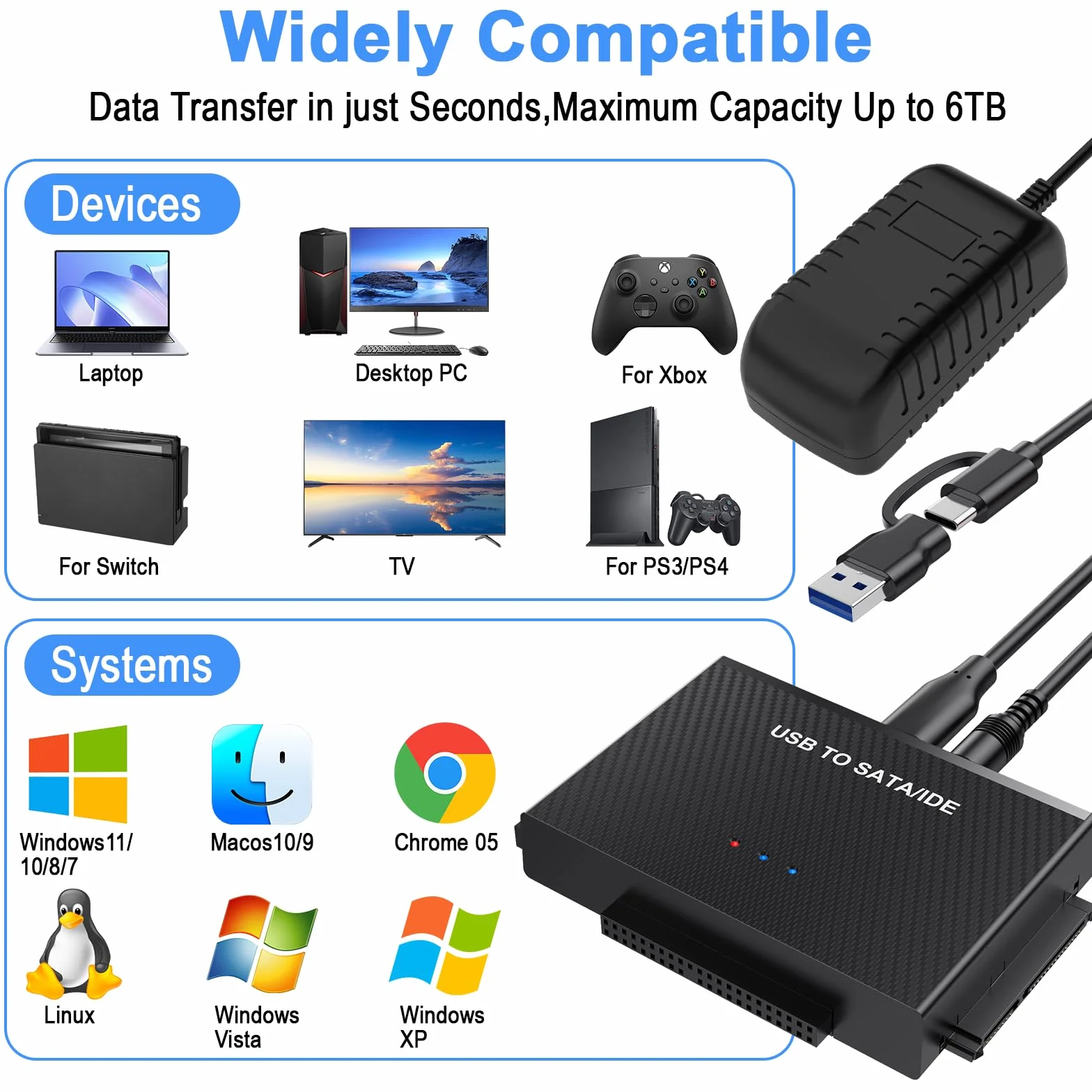 Adapter USB 3.2 na SATA/IDE, dysk twardy, odpowiedni do dysków twardych SATA 6.3 cm i 8.9 cm, obsługuje pojemność 6 TB, z zasilaczem 12 V 2 A, kompatybilny z Windows/Mac OS/Linux itp.