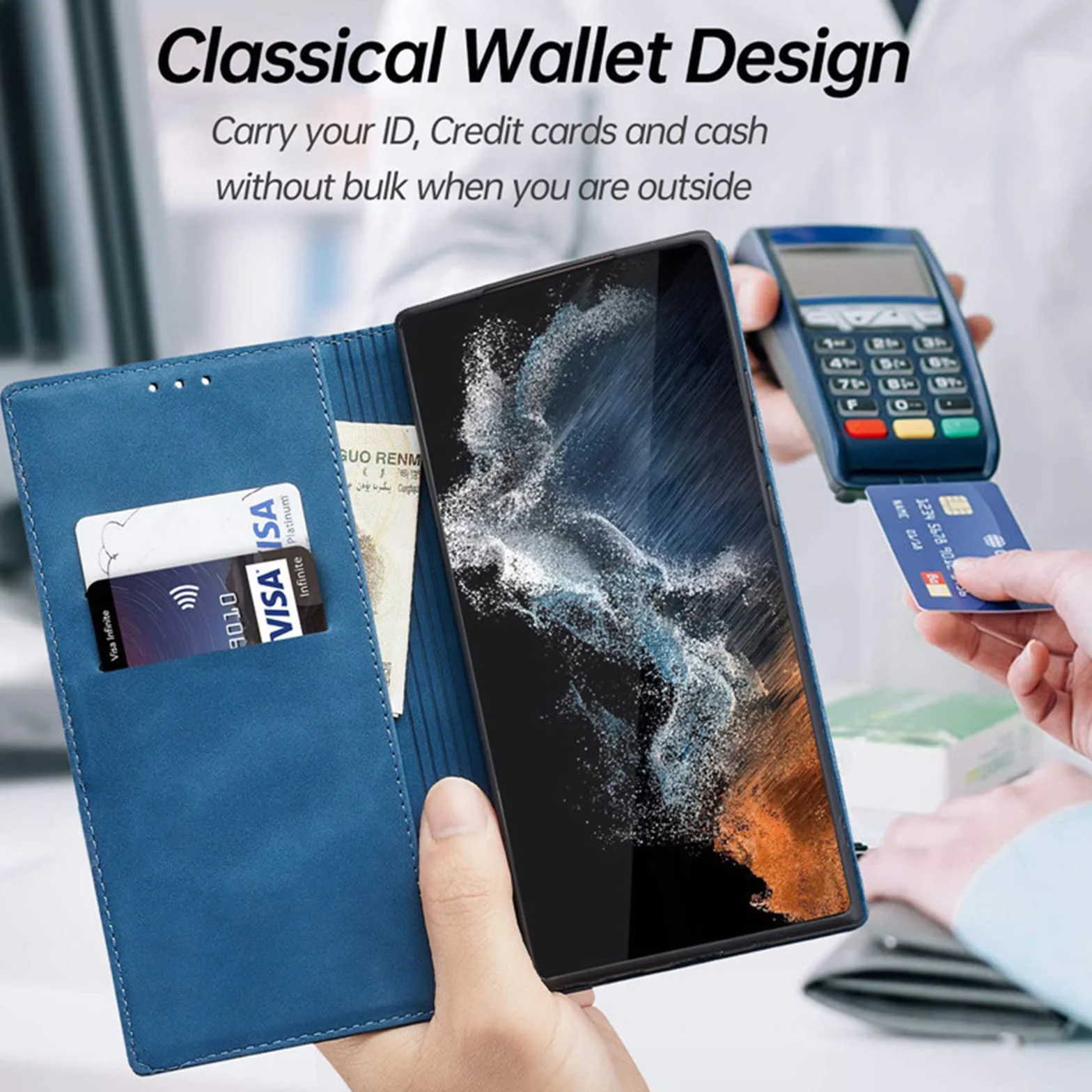 Etui do Samsung Galaxy S22/S22 Plus/S22 Ultra, skórzany portfel etui z przegródką na karty gotówkę magnetyczne zamknięcie etui z klapką na telefon, niebieskie, S22 Plus 6,5 cala
