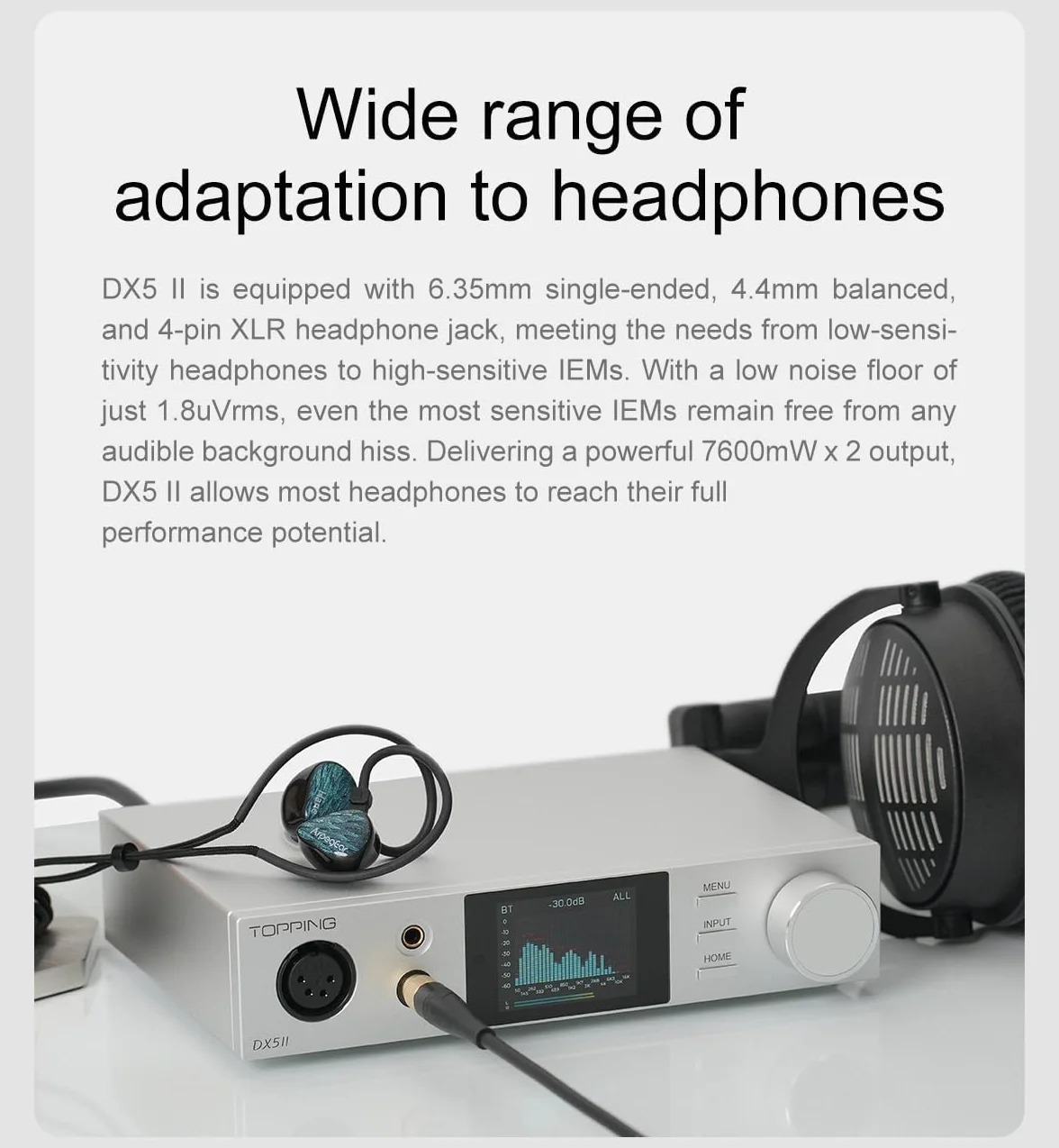 Topping DX5 II DAC Bluetooth 5.1 wzmacniacz słuchawkowy, chip DAC ES9039Q2M, wzmocnienie X-Hybrid, 10-pasmowe wyrównywanie i zbalansowane wyjście, USB XMOS, wysoka rozdzielczość, RC, srebrny