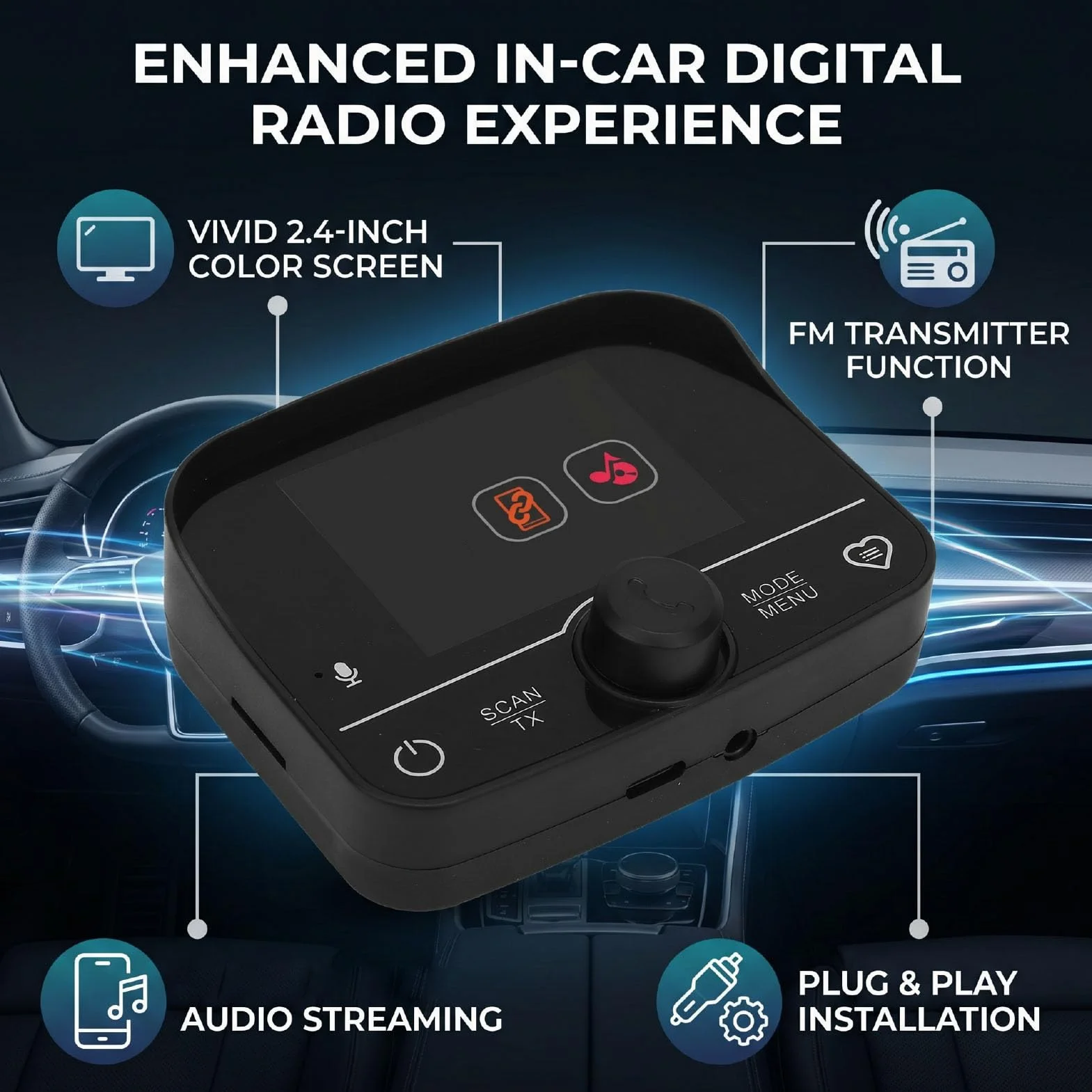 Odbiornik Samochodowy DAB z Kolorowym Ekranem i Ekranem o Przekątnej 2,4 Cala, z Zestawem Głośnomówiącym Bluetooth i Nadajnikiem FM do Montażu na Desce Rozdzielczej