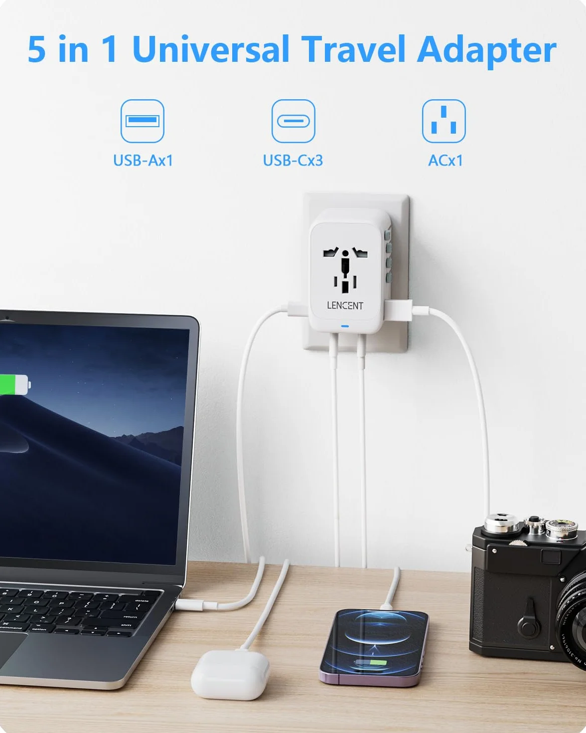LENCENT GaN III 65 W Uniwersalny Adapter Podróżny | z 1 Gniazdem USB-A i 3 USB-C PD, Adapter do Gniazda Wtykowego Typu A/C/G/I (USA/UK/EU/AUS), Biały