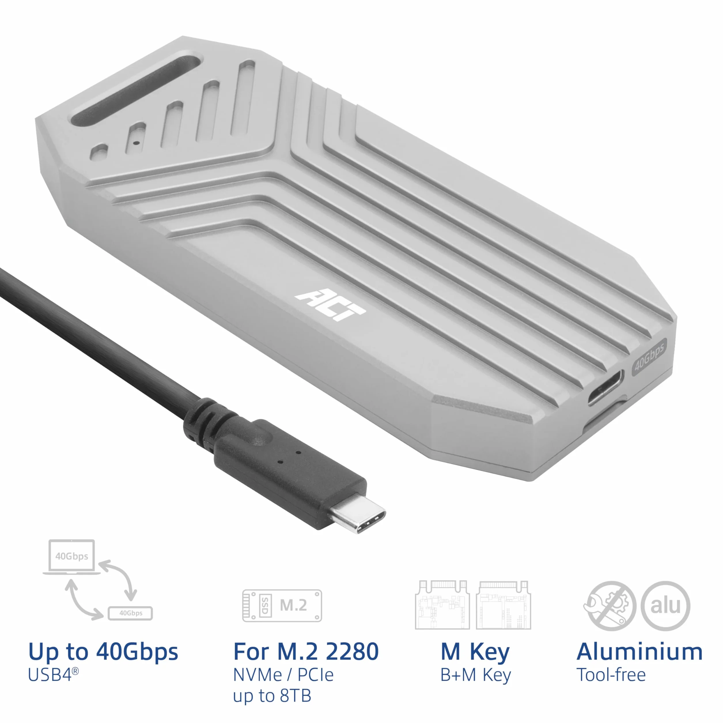 ACT Obudowa USB4 M.2 NVMe SSD, M.2 2280 NVMe/PCIe z M-Key lub B+M-Key, 40 Gb/s, beznarzędziowa, aluminiowy radiator, typ C - AC1625