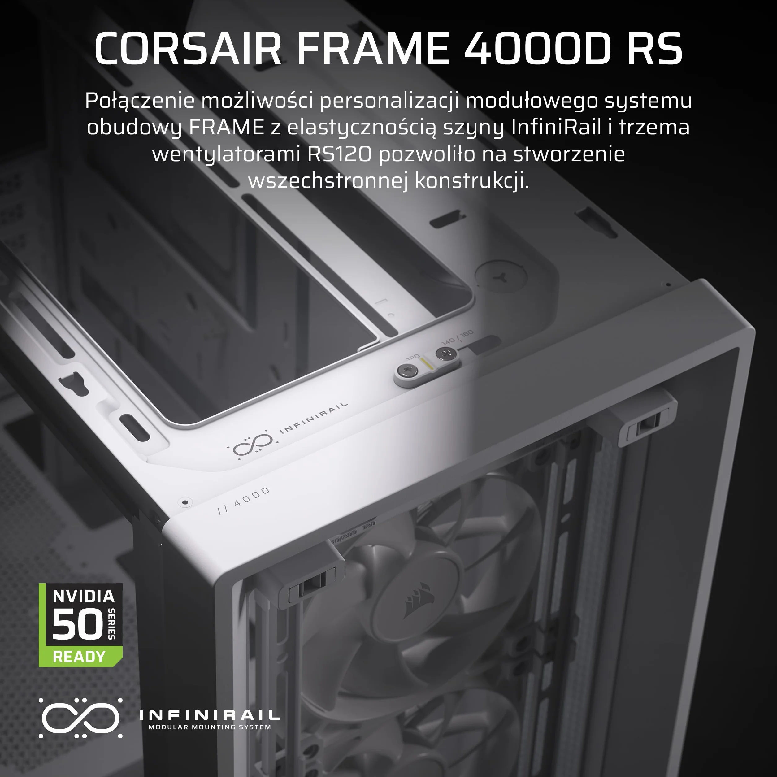CORSAIR Modułowa obudowa PC 4000D RS Frame High Airflow Mid-Tower PC - 3 x wentylatory CORSAIR RS - system montażu wentylatora InfiniRail™ - pasuje do wielu grzejników 360 mm - kompatybilna z płytą