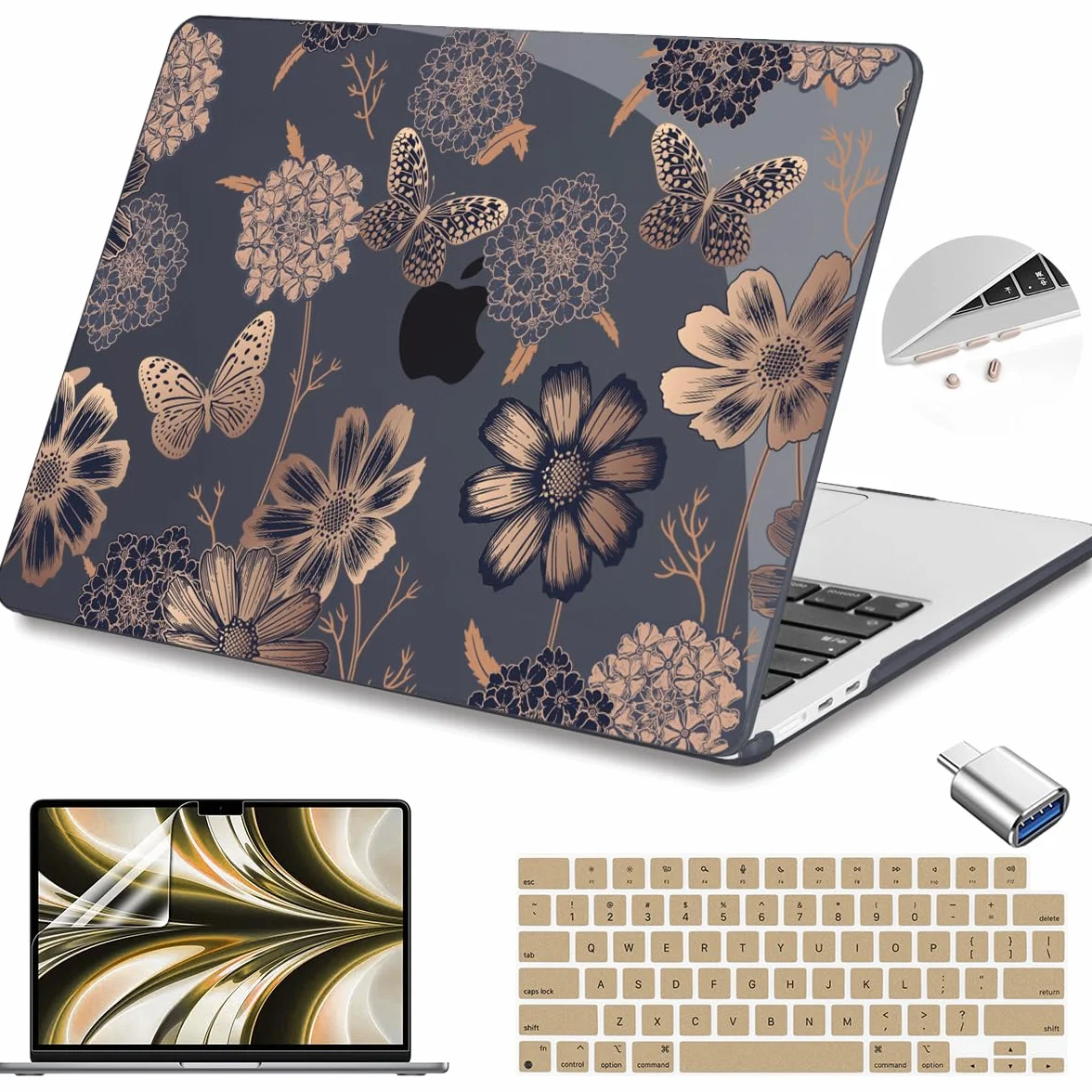 Teryeefi Etui do MacBook Air M2 M3 M4 13,6 2022 2023 2024 2025 A2681 A3113 A3240, przezroczysta twarda obudowa z osłoną klawiatury i adapterem USB 3.0 i osłoną ekranu, złoty kwiatowy motyl