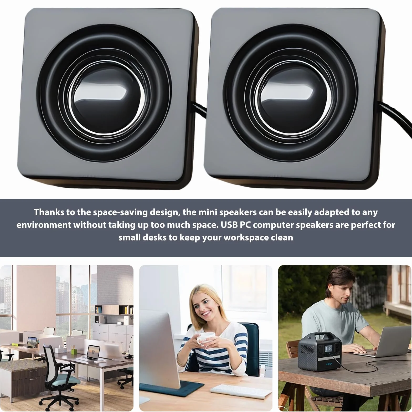 Mały głośnik PC można przykleić: mini głośnik USB do komputera z regulacją głośności, kompaktowy głośnik stereo do komputera stacjonarnego, notebooka, laptopa, czarny (USB + 3,5 mm)