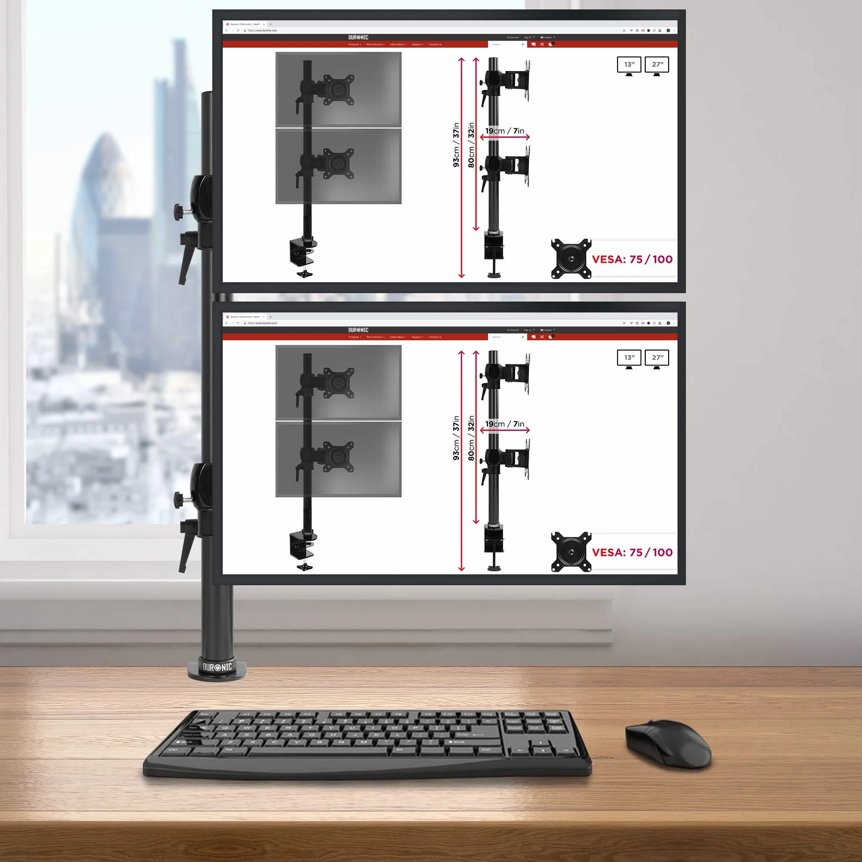 Duronic DM35V2X2 Ramię do 2 monitorów komputerowych z rozszerzeniem | Pionowy podwójny ergonomiczny przegubowy ekran PC | VESA 75 100 | Regulowana wysokość | Obrotowy nachylony | VESA 75 100 Ergonomiczna przegubowa podstawka na biurko z pionowym wyświetla