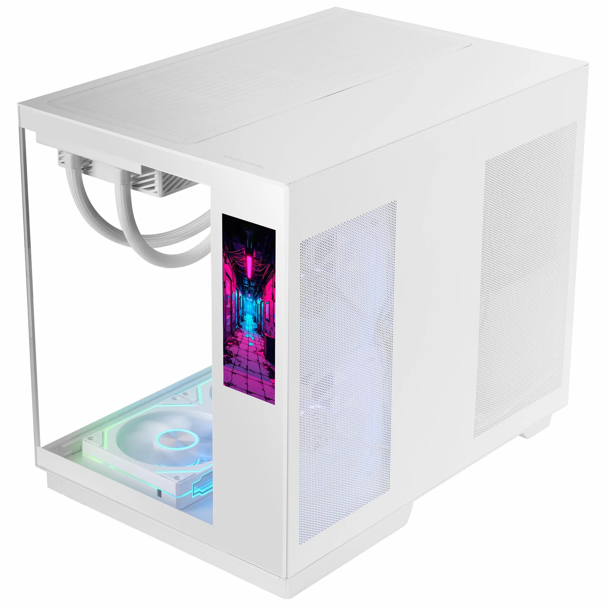 Mars Gaming MC-MIRAGE, Obudowa Gamingowa ATX, Ekran LCD IPS 7,2” Personalizowany, Ciągły Szkło Hartowane Przedni i Boczny Panel, Struktura Podwójnej Komory, Wsparcie Chłodzenia Cieczą do 360mm, Biały