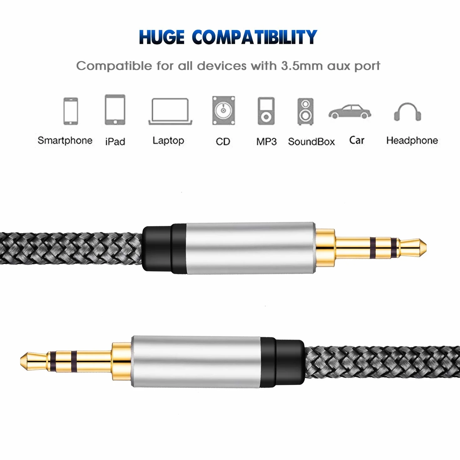 Tan QY Nylonowy pleciony kabel AUX 3,5 mm, 50 m, pomocniczy adapter wejściowy audio męski na męski przewód do słuchawek, samochodu, domowego stereo, głośnika, iPhone'a, iPada, iPoda i innych (15 m,