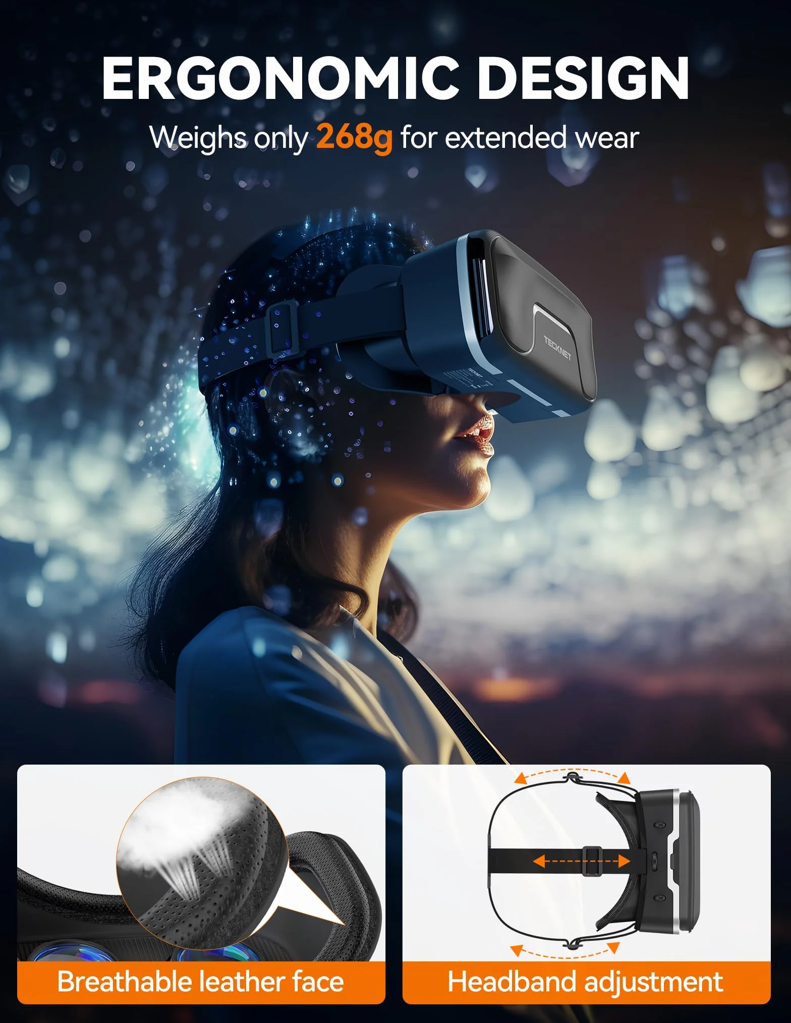 TECKNET Okulary VR do telefonów komórkowych, okulary 3D Virtual Reality z HD 110° FOV, ochrona przed niebieskim światłem i regulowanymi biegami, wygodne szkło VR do iPhone'ów, smartfonów Samsung i