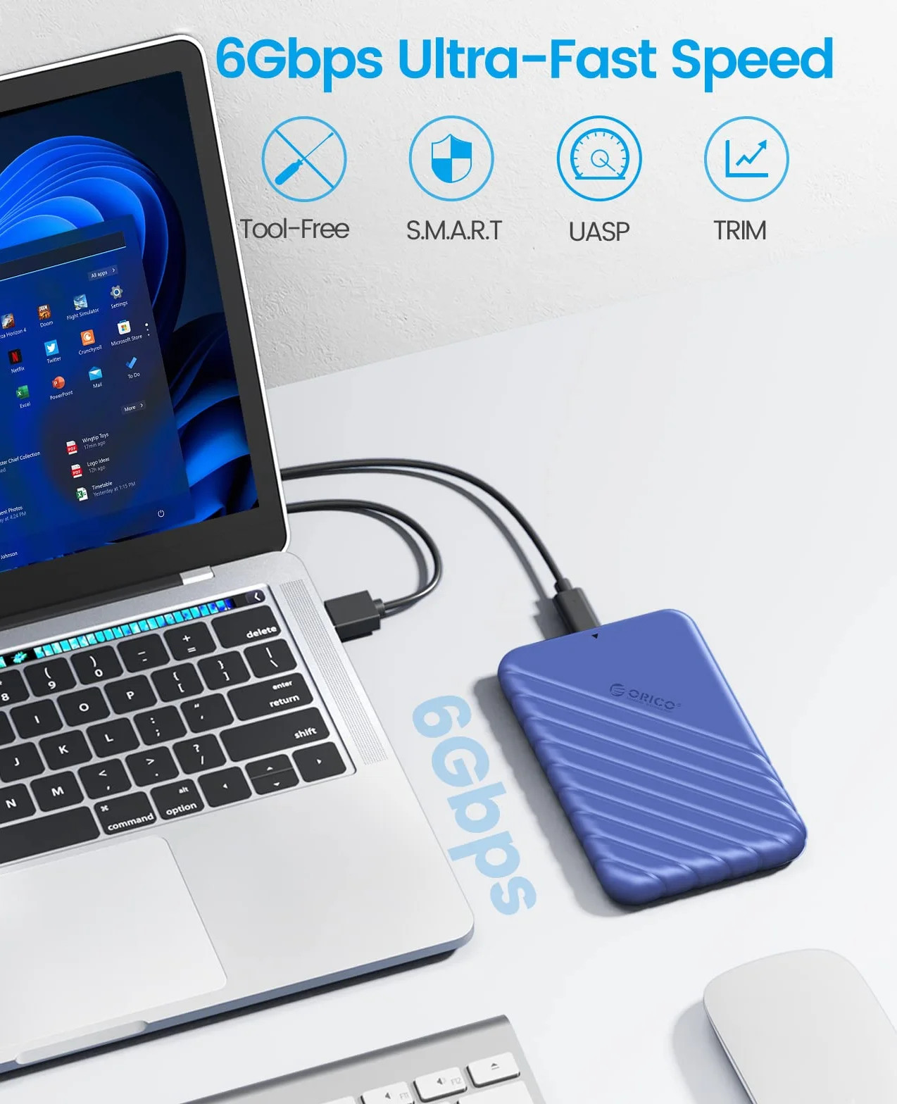 ORICO Obudowa dysku twardego 2,5" USB C USB 3.1 Gen 2 do SATA III, zewnętrzna obudowa dysku twardego do SSD HDD 9,5 7 mm bez użycia narzędzi z UASP, niebieska (25PW1-C3)
