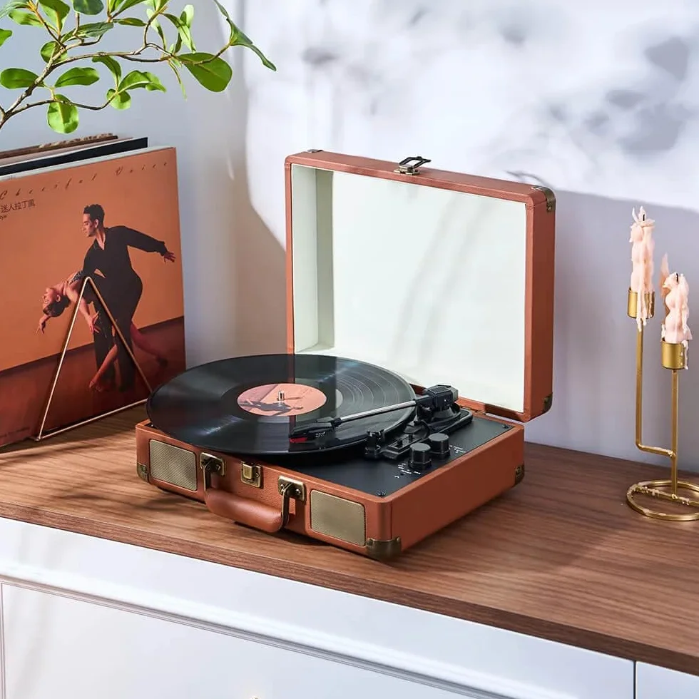 Odtwarzacz płyt Bluetooth z głośnikami, konwersja winylu na MP3, łączność USB, dźwięk stereo, idealny dla entuzjastów domowego audio i muzyki
