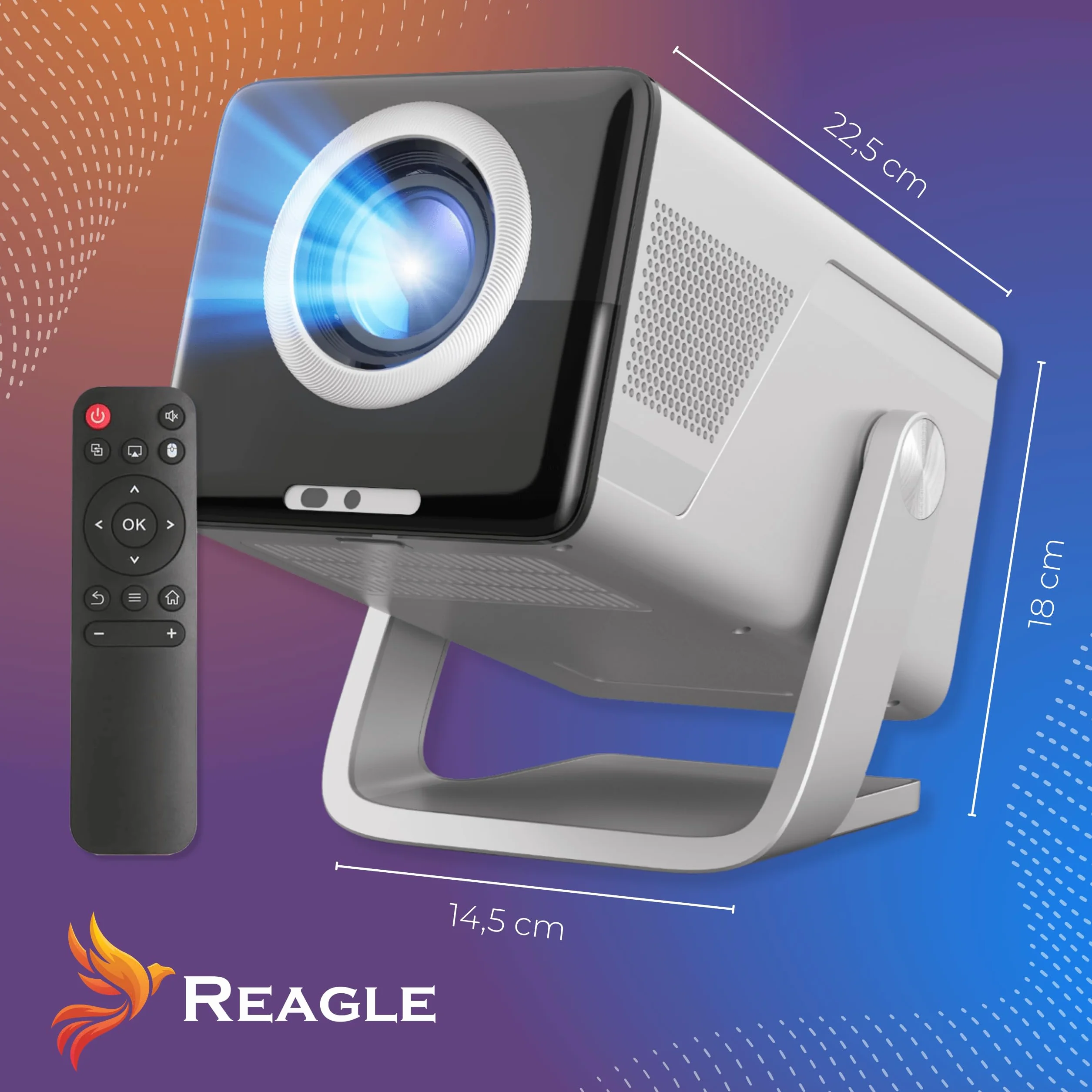 Reagle Projektor LED 1000 ANSI Full HD 1080p R-MOVIELUM-P50 z Autofokusem Upscaling Do 4K 8K, ANDROID 14 Smart TV WiFi BT 5.4, 130 Cali, Przenośny Rzutnik Do Kina Domowego Gamingu Laptop Telefon