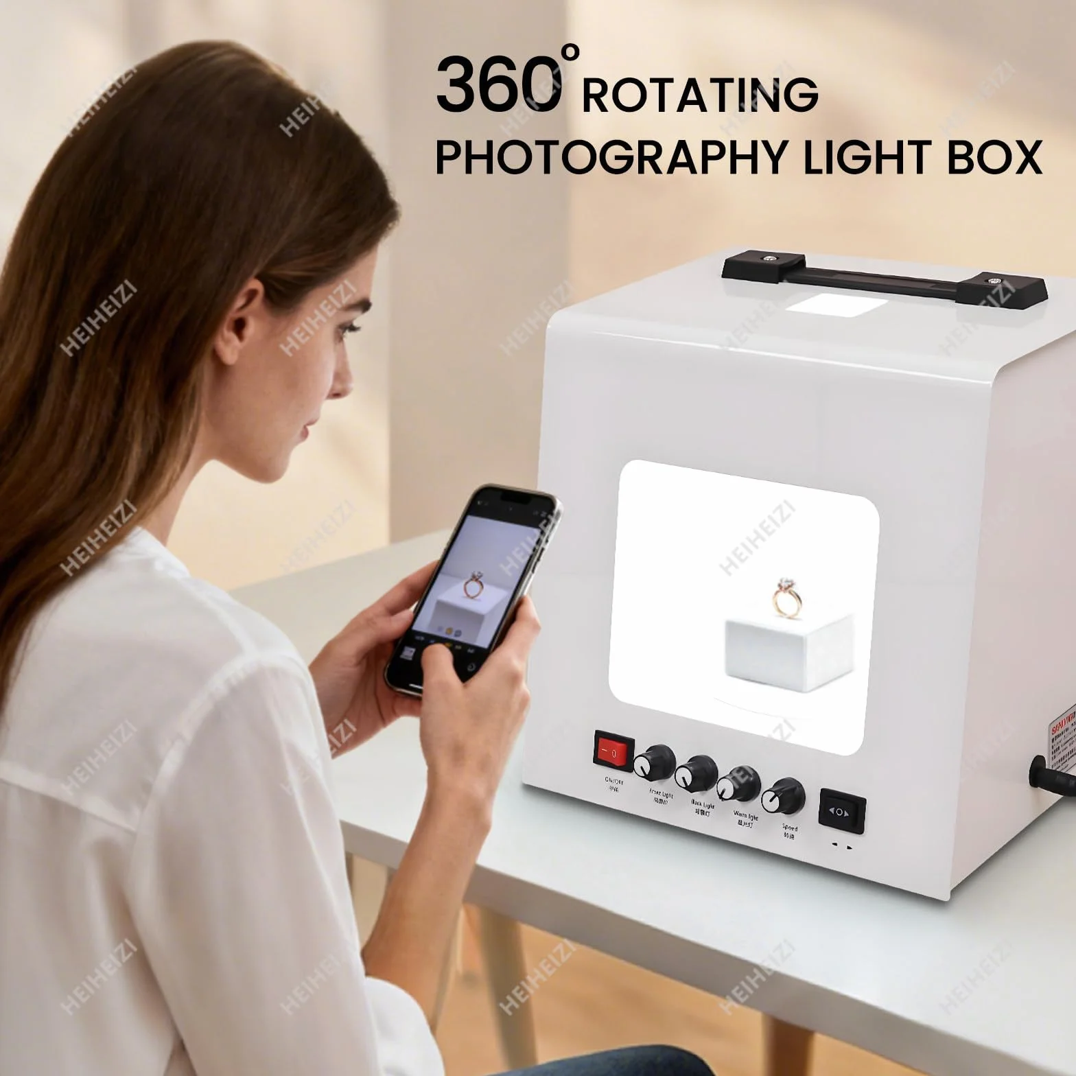 Zestaw oświetleniowy do fotografii jubilerskiej z funkcją obracania o 360° i regulowaną jasnością świateł, mini softbox do ekspozycji biżuterii