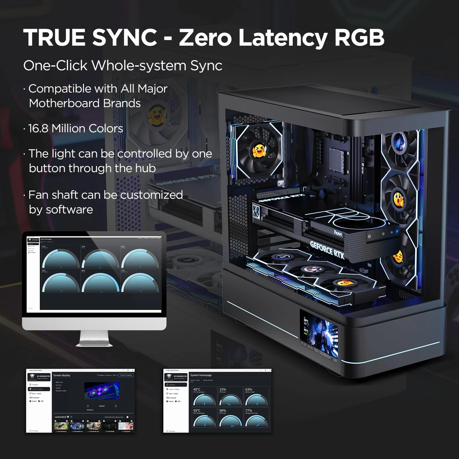 TZMRIT Interstellar-V4 LCD Daisy Chain RGB PC wentylator 120 mm, 1,5" LCD/24 diody LED/2100 RPM/61,54 CFM/28 mm (Black Revers)