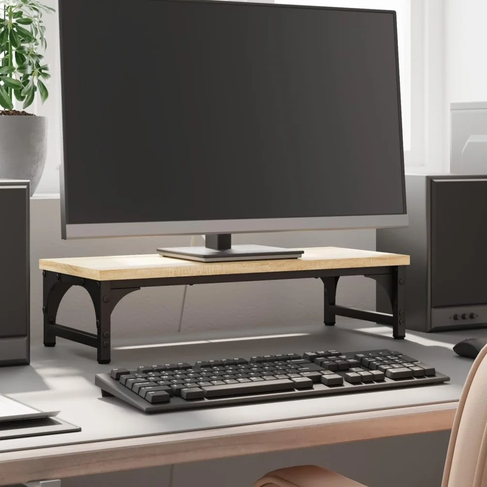 Hothingwell Uchwyt na monitor dębowy sonoma 55 x 23 x 14 cm, wykonany z drewna inżynierskiego, ergonomiczna konstrukcja z schowkiem pod ekranem na klawiaturę i akcesoria, antypoślizgowe regulowane