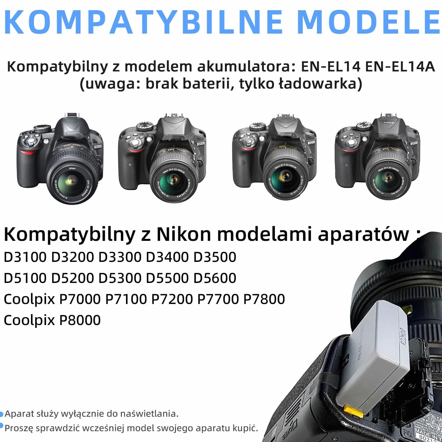 Ładowarka MH-24 kompatybilna z Nikon EN-EL14 EN-EL14A do D3100 D3200 D3300 D3400 D3500 D5100 D5200 D5300 D5500 D5600 P7000 P7100 P7800