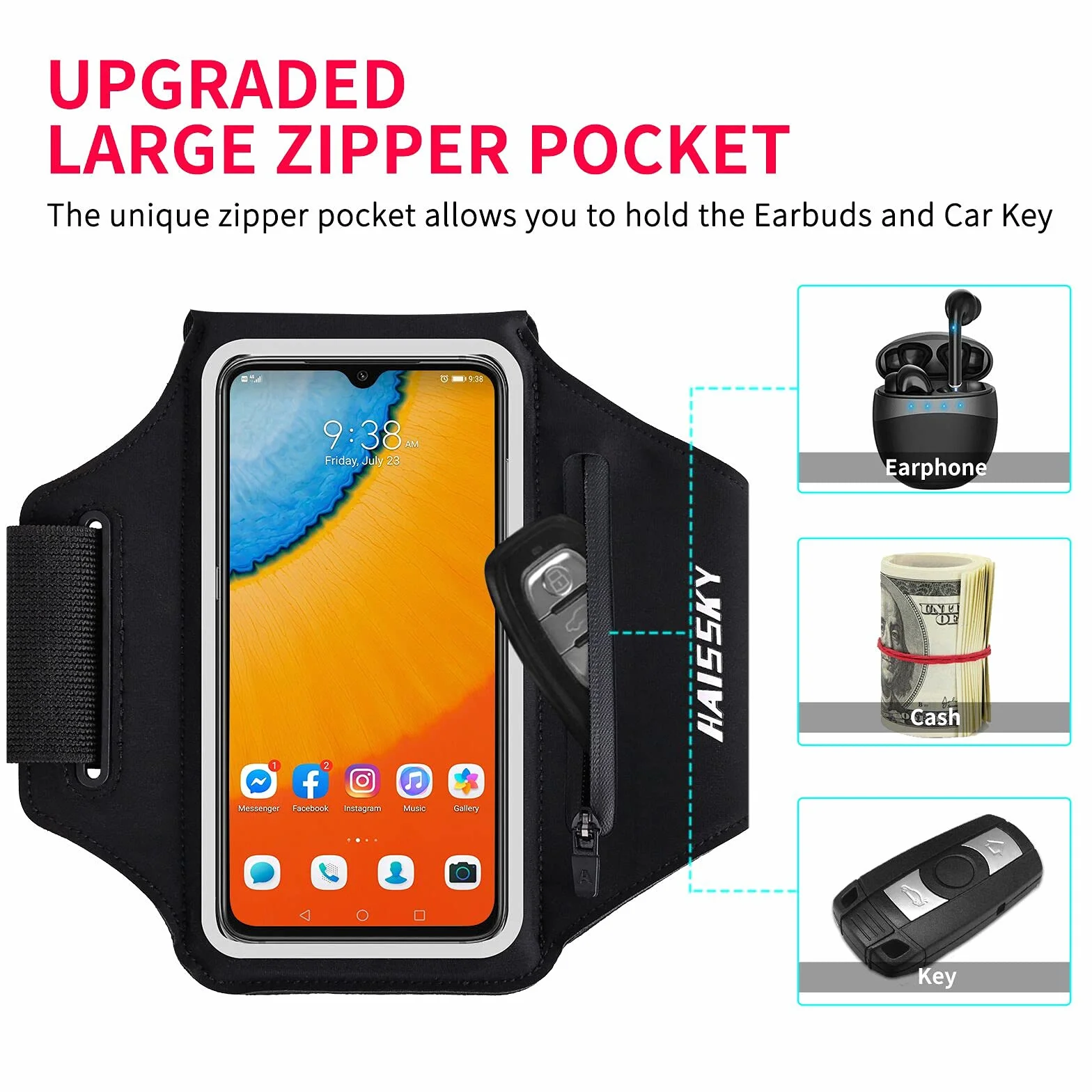 HAISSKY Sportowa bransoletka z kieszenią na słuchawki, sportowa bransoletka na telefon komórkowy do iPhone 14 Pro/13 Pro/12 Pro/11/11 Pro/XR/XS/X/8 Plus, Huawei P40/P30/Mate 20 Pro, etui na telefon