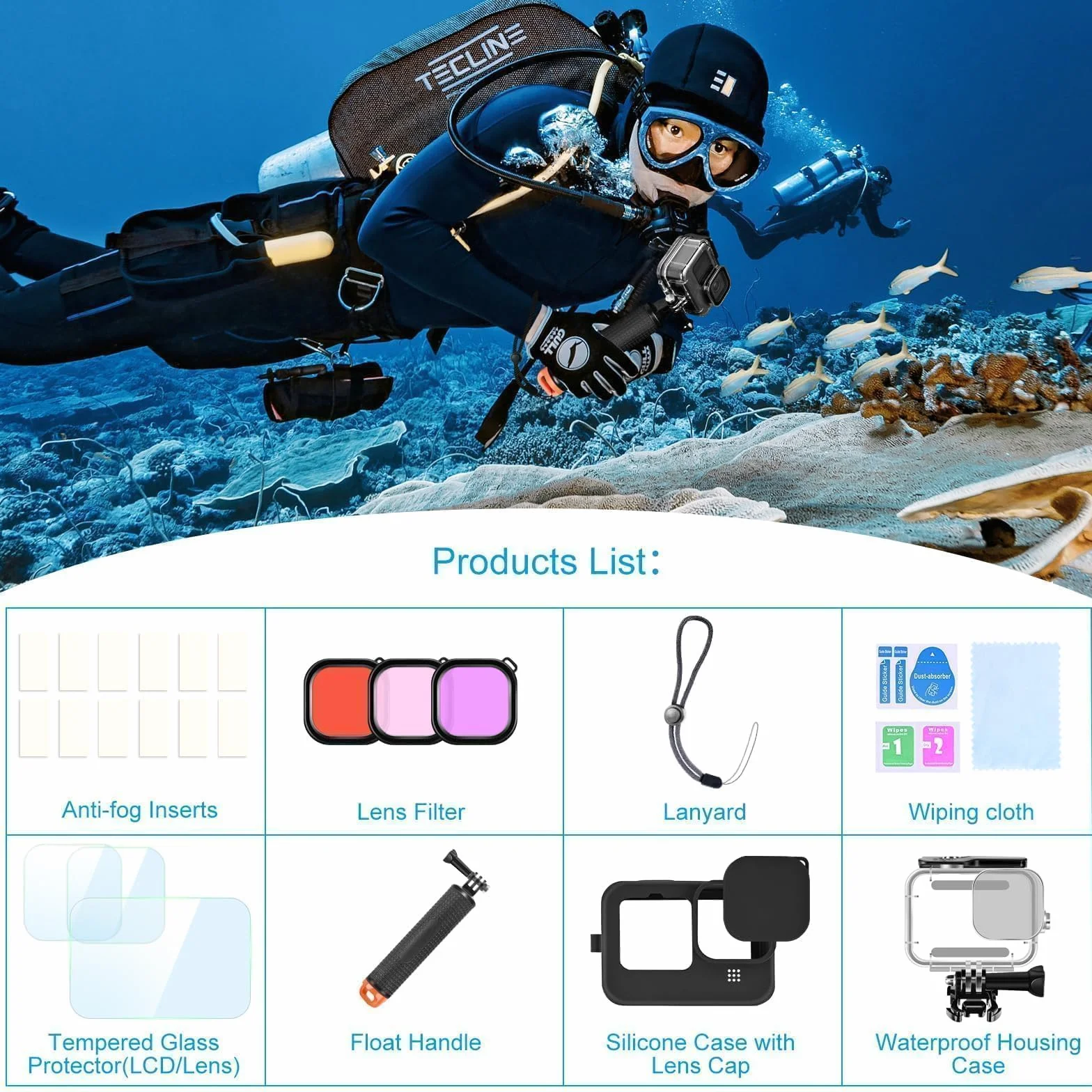 Zestaw akcesoriów do GoPro Hero 9-12 obudowa nurkowa pływająca rączka filtr czerwony etui silikonowe