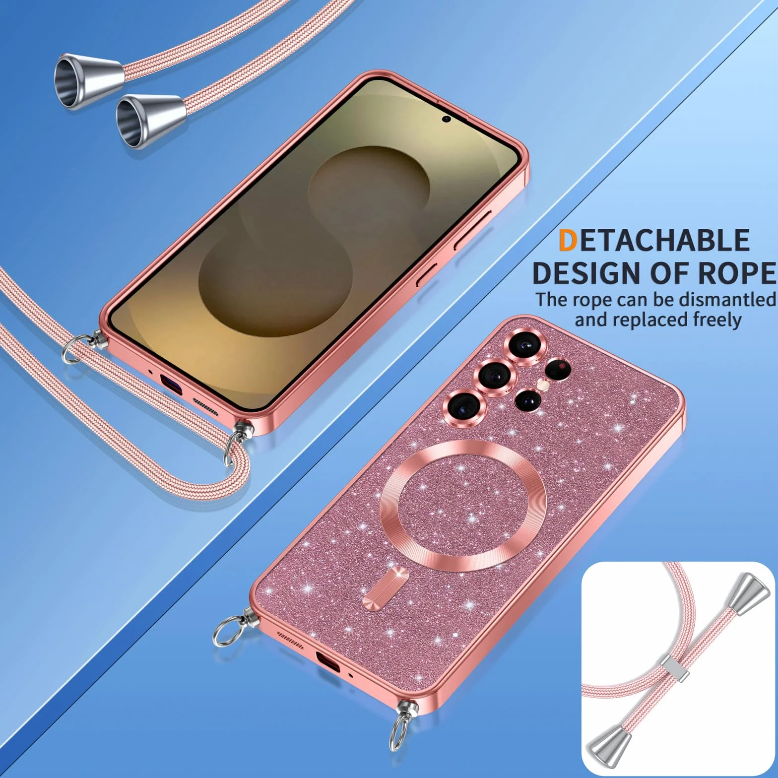 Phoona Etui na telefon komórkowy z łańcuszkiem do Samsunga Galaxy S25 Ultra 5G, etui z łańcuszkiem, kompatybilne z MagSafe, całkowita ochrona przed zarysowaniami i uderzeniami, etui z regulowanym