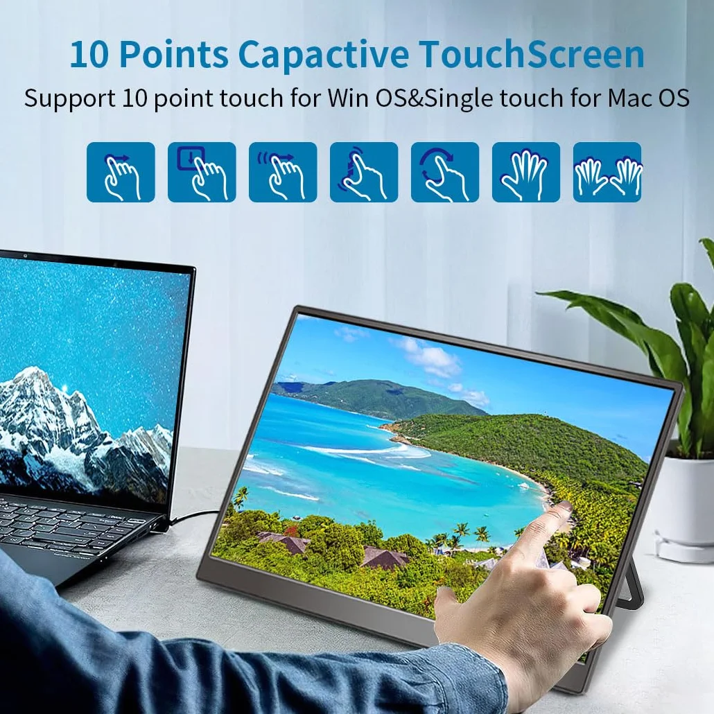 Przenośny monitor z ekranem dotykowym 35.6 cm, zewnętrzny wyświetlacz USB-C i FHD, 100% sRGB, antyodblaskowa, ochrona prywatności, niska mocowanie, monitor podróżny VESA do laptopa, Maca, gier, biura