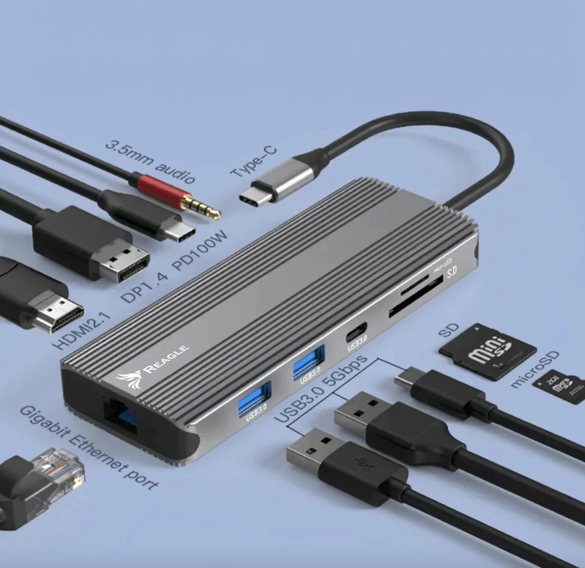 Reagle HUB USB-C 10 w 1 DisplayPort 1.4 HDMI 2.1 8K 30 Hz 4K 144 Hz 5 Gbit/s Display Port Power Delivery 100 W kabel nylonowy oplot powlekany Plug & Play (13 cm)