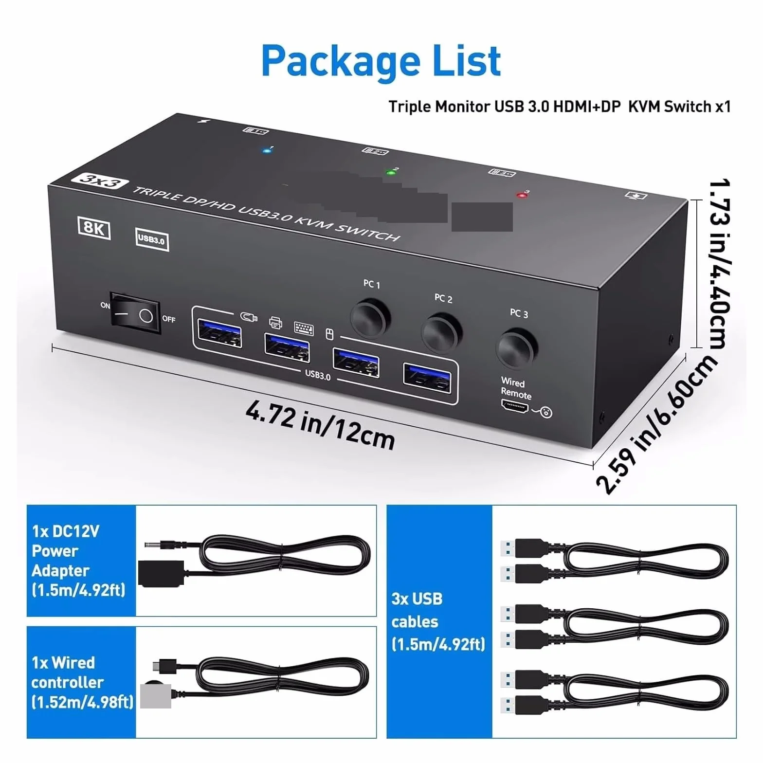 Przełącznik KVM 8K USB 3.0 2.1 DP 1.4 3 monitory 3 komputery, 8K60Hz,4K144Hz potrójny monitor KVM z 4 portami USB 3.0