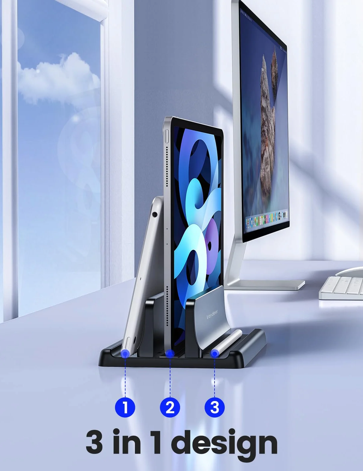 VAYDEER Stojak pionowy do laptopa 3 w 1 kompatybilny z MacBook Air Pro iPad tablet notebook do 17,3" biały