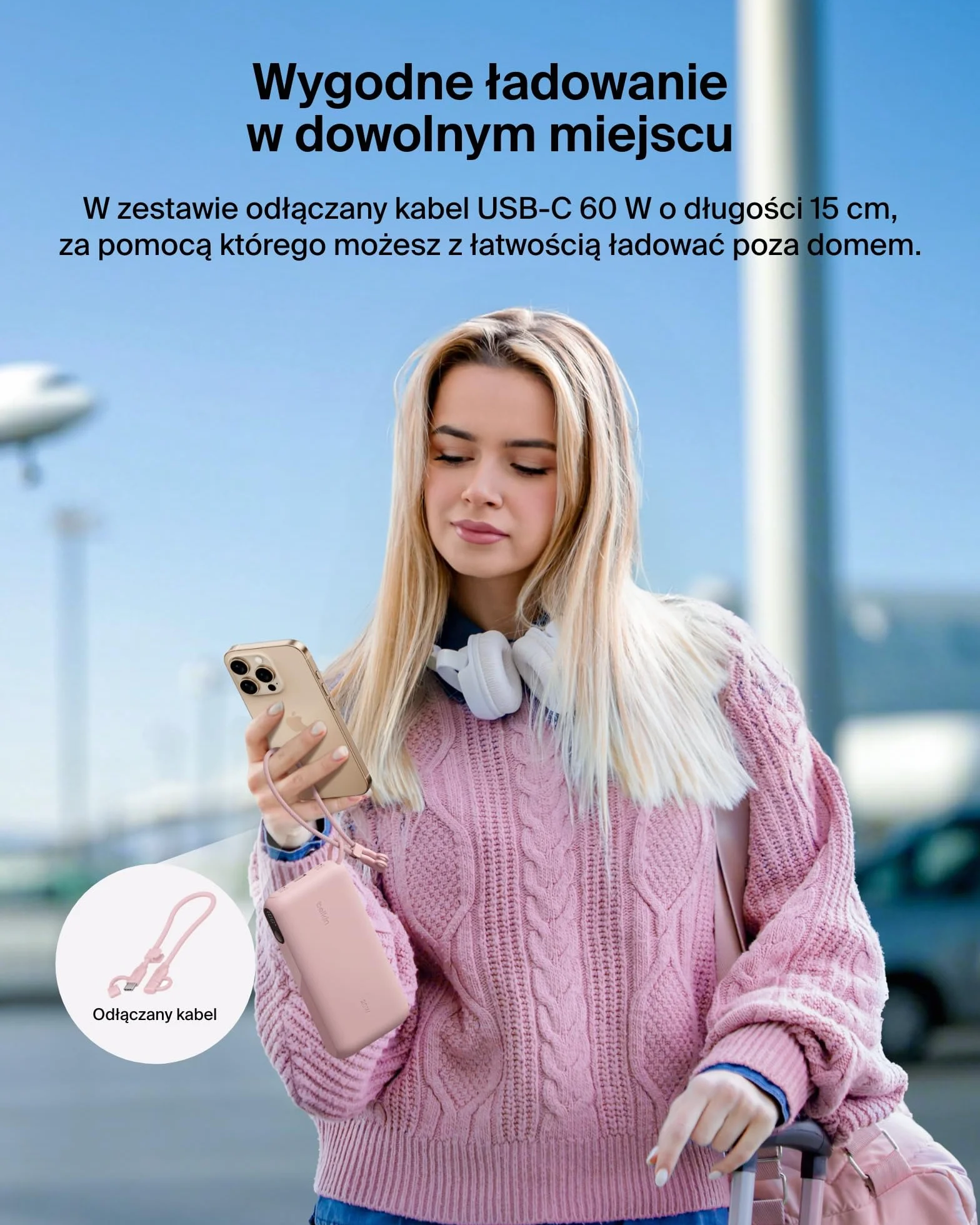 Belkin BoostCharge Powerbank 20 000 mAh z Wyświetlaczem – Różowy | Powerbank 20 000 mAh, 2 Porty USB-C i 1 Port USB-A, 20 W, do Podróży Samolotem, Naładowany, Odłączany Kabel USB-C w Zestawie