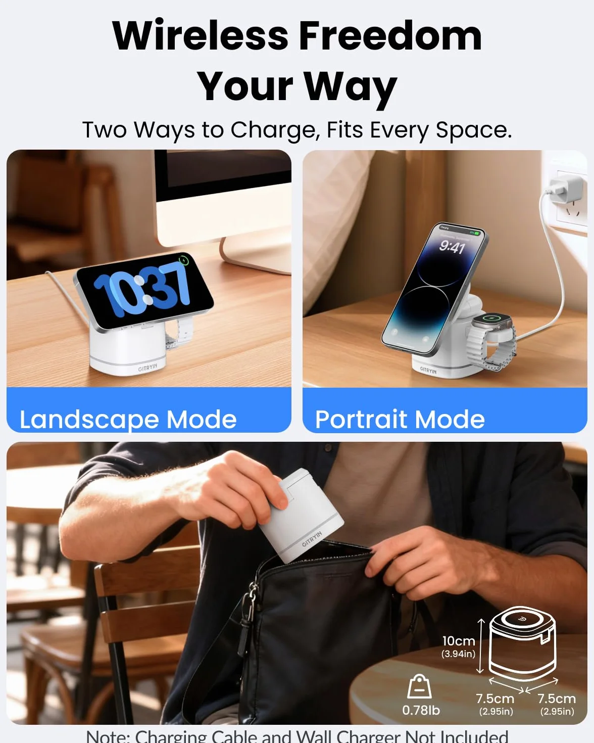 Gitryin Składana bezprzewodowa stacja ładująca 3 w 1 do urządzeń Apple, szybszy magnetyczny stojak na ładowarkę nocną, akcesoria biurkowe do iPhone'a 17/16/15/14/13/12, Apple Watch, AirPods